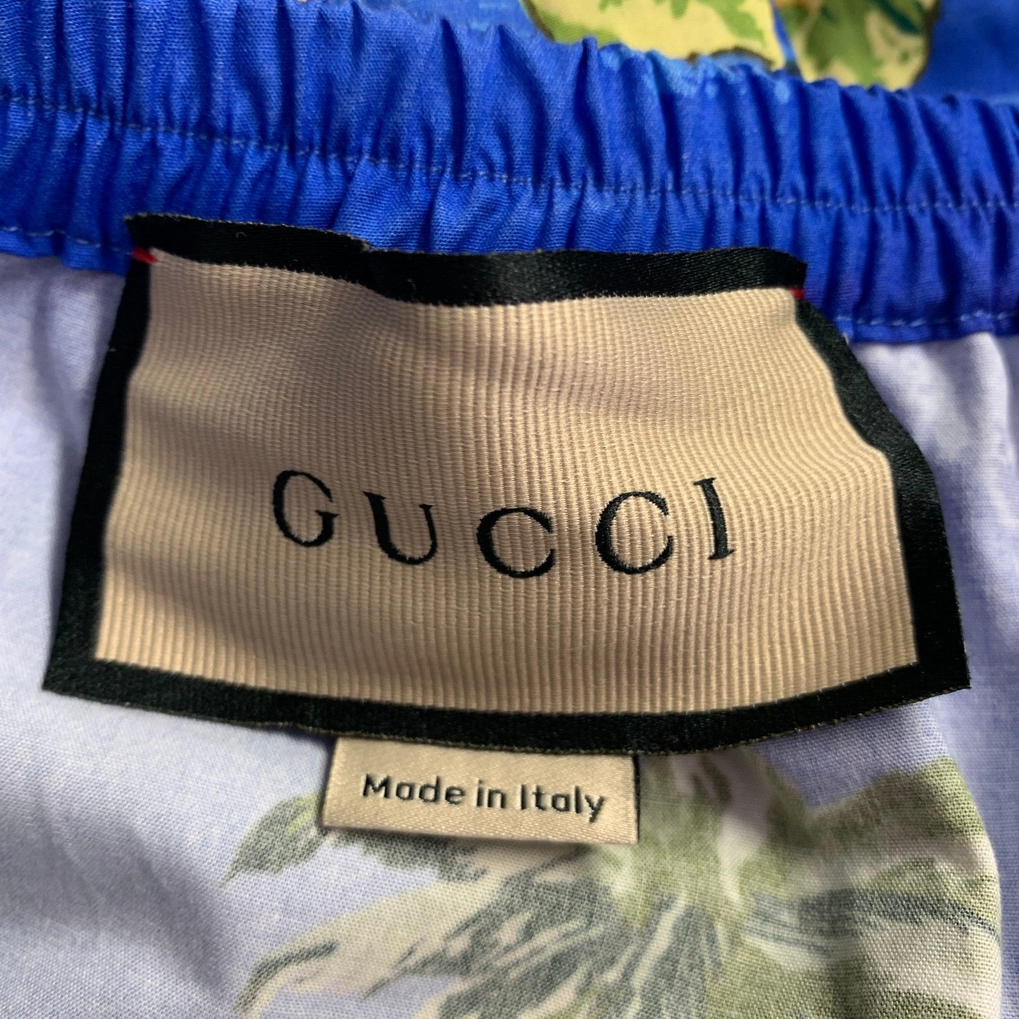 GUCCI Size 30 Blue Yellow Hawaiian Cotton Bermuda Shorts In Excellent Condition For Sale In San Francisco, CA