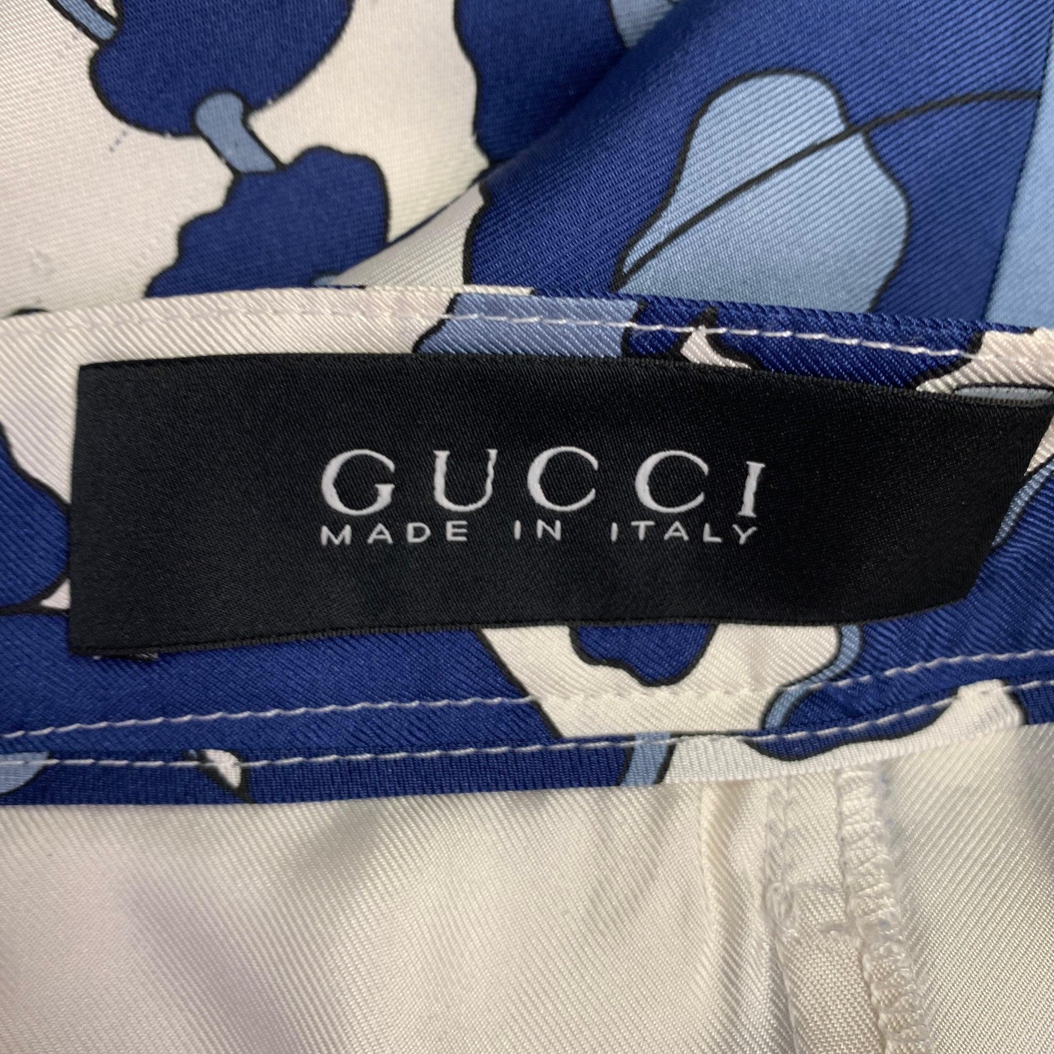 GUCCI Size 32 Blue White Floral Silk Elastic Waistband Casual Pants For Sale 4
