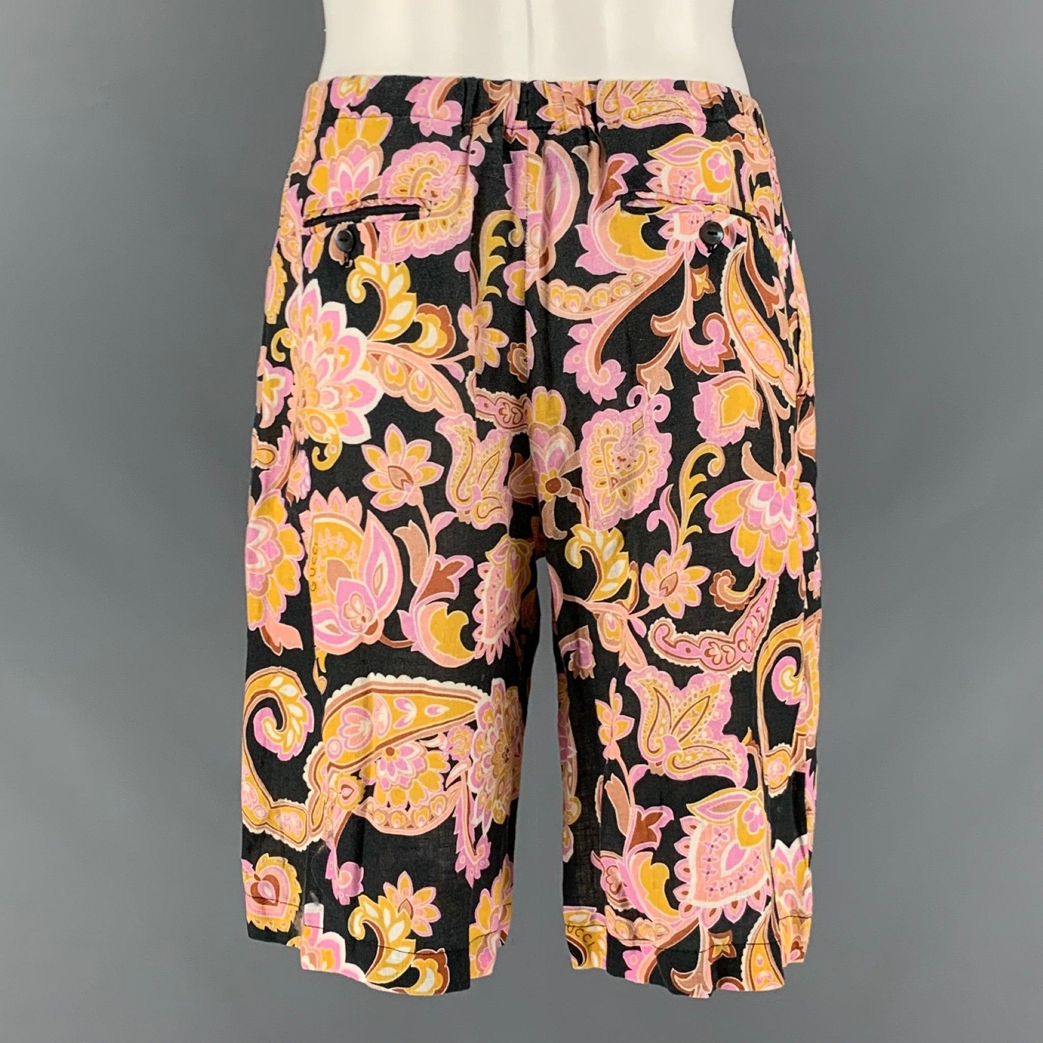Men's GUCCI Size 32 Purple Yellow Floral Cotton Flat Front Shorts For Sale