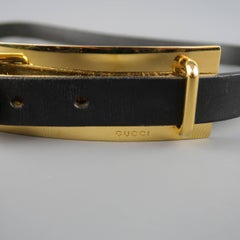 Gucci Black Leather Gold Metal Plate Buckle Belt
