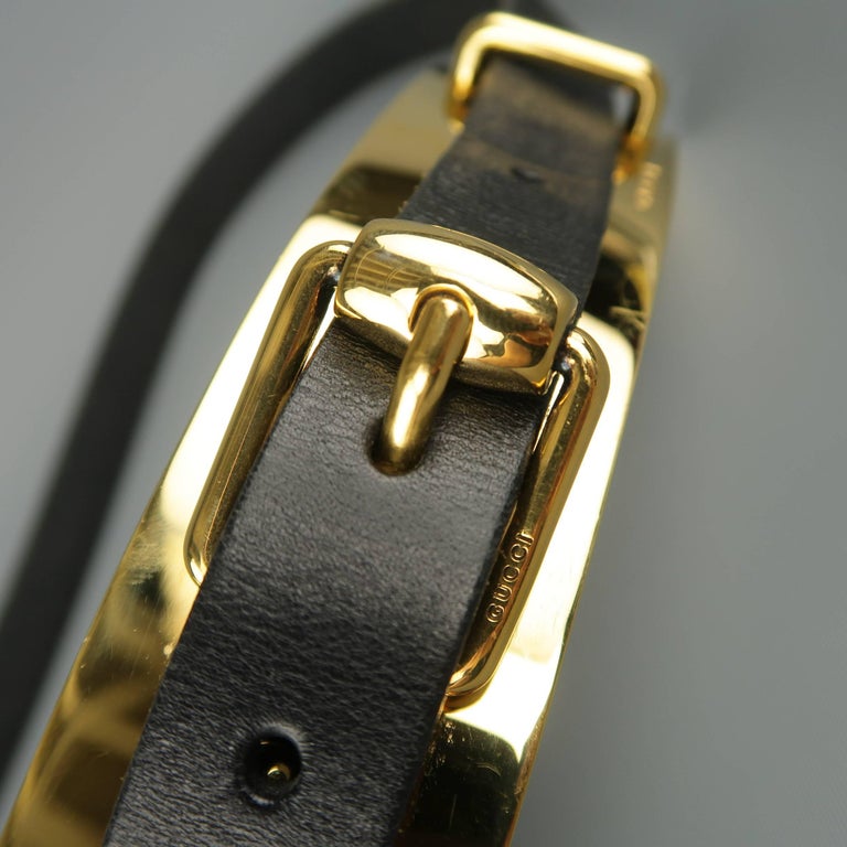 Gucci Black Leather Gold Metal Plate Buckle Belt at 1stdibs