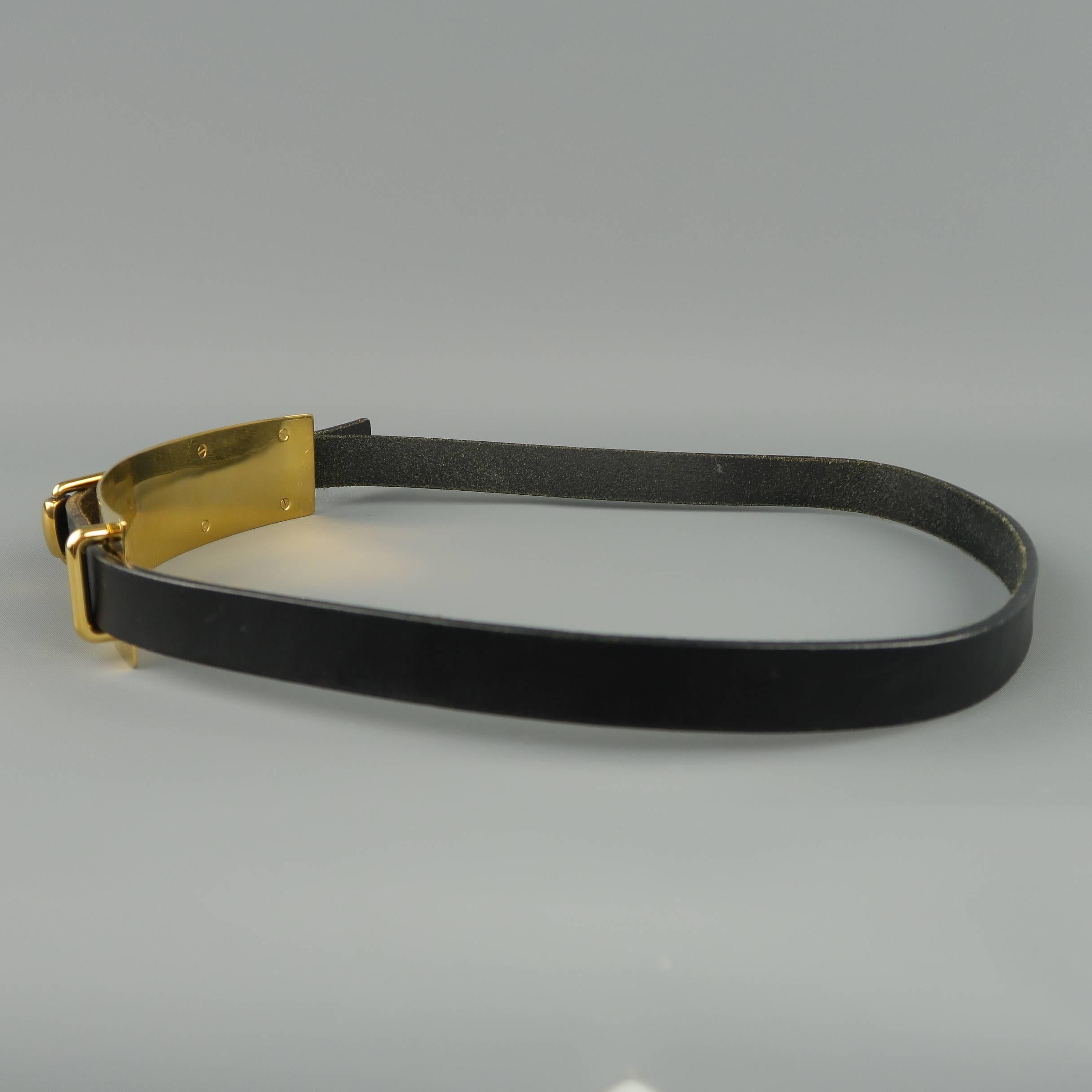 Gucci Black Leather Gold Metal Plate Buckle Belt 2
