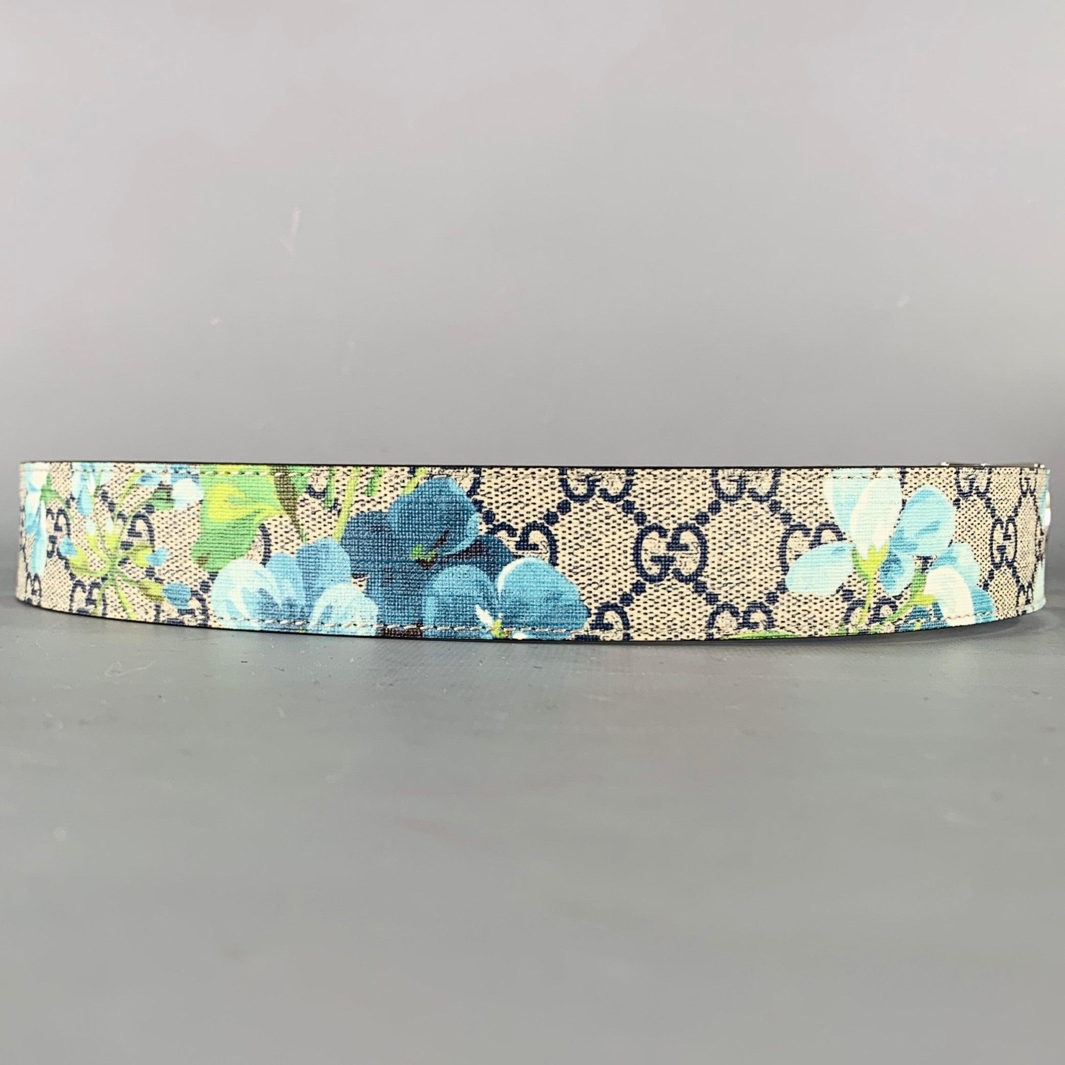 Gray GUCCI Size 34 Blue Grey Floral Canvas Belt For Sale