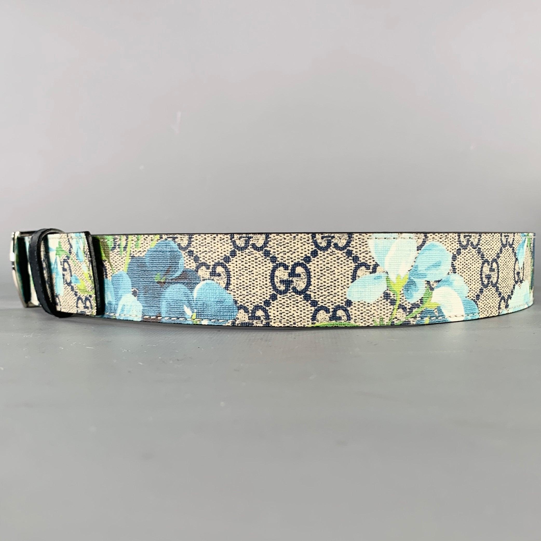 Men's GUCCI Size 34 Blue Grey Floral Canvas Belt For Sale