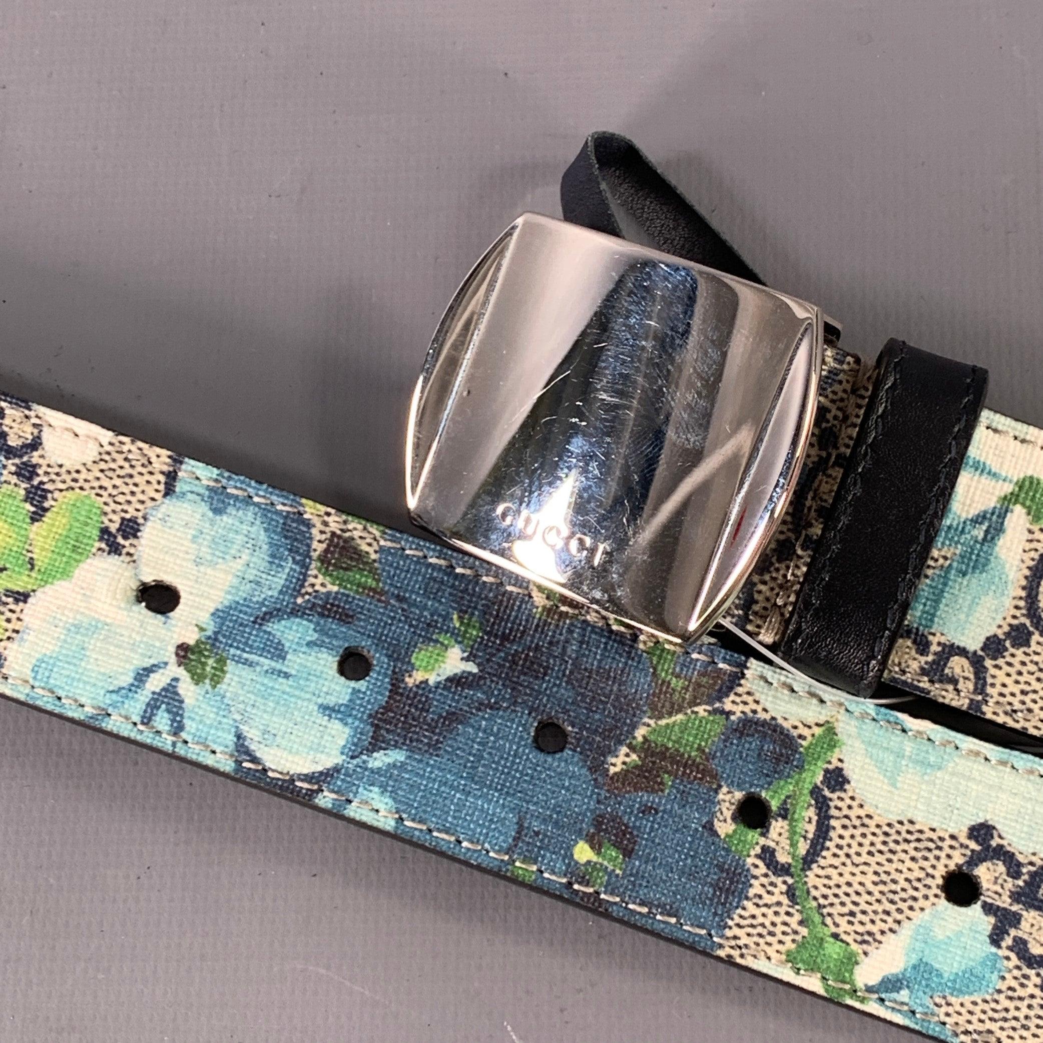 GUCCI Size 34 Blue Grey Floral Canvas Belt For Sale 2
