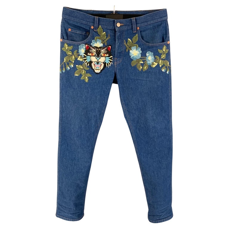 GUCCI 34 Blue Multi-Color Embroidery Denim Straight Jeans Sale at | 34 in jean size, gucci jeans made in italy, what size is 34 in men's