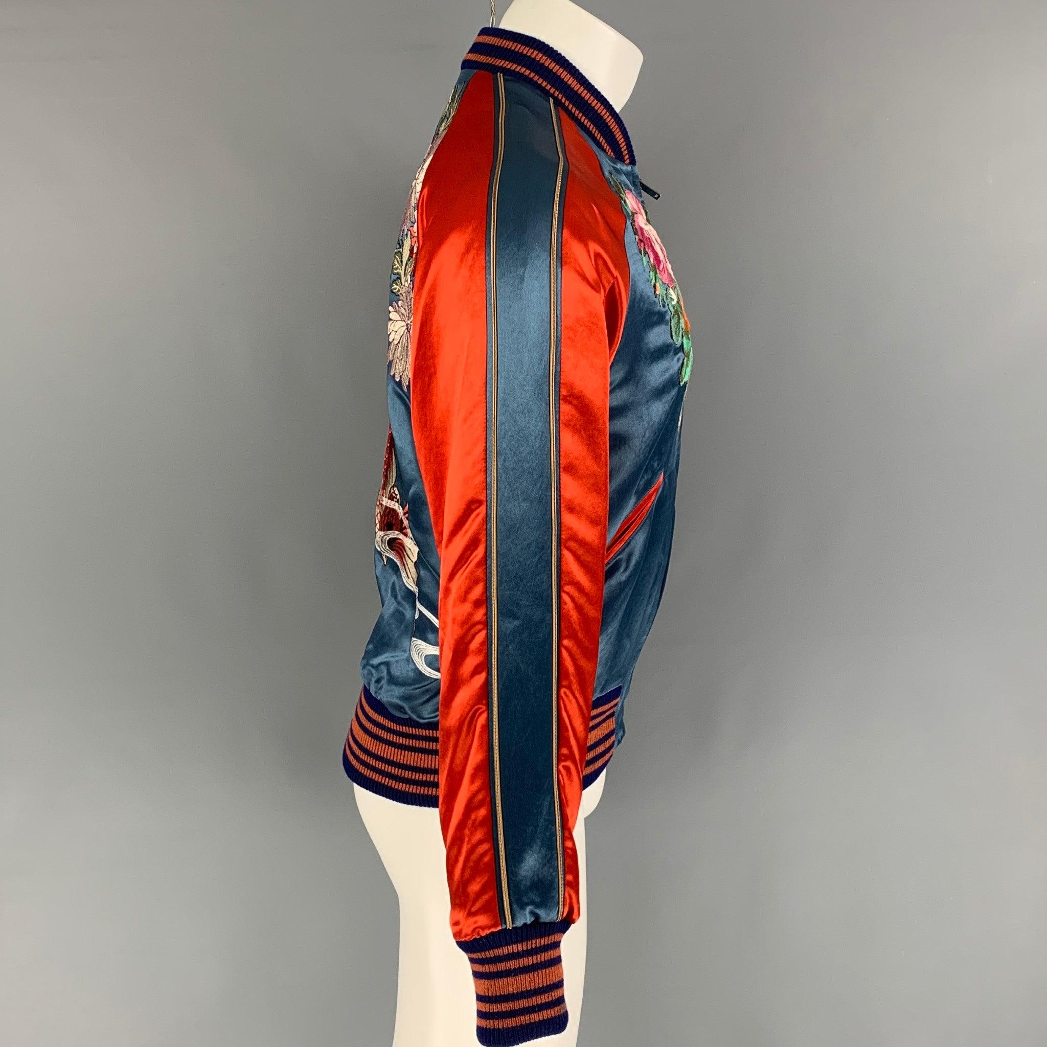 Brown GUCCI Size 34 Multicolor Floral&Koi Carp Embroidery Satin Varsity Bomber Jacket