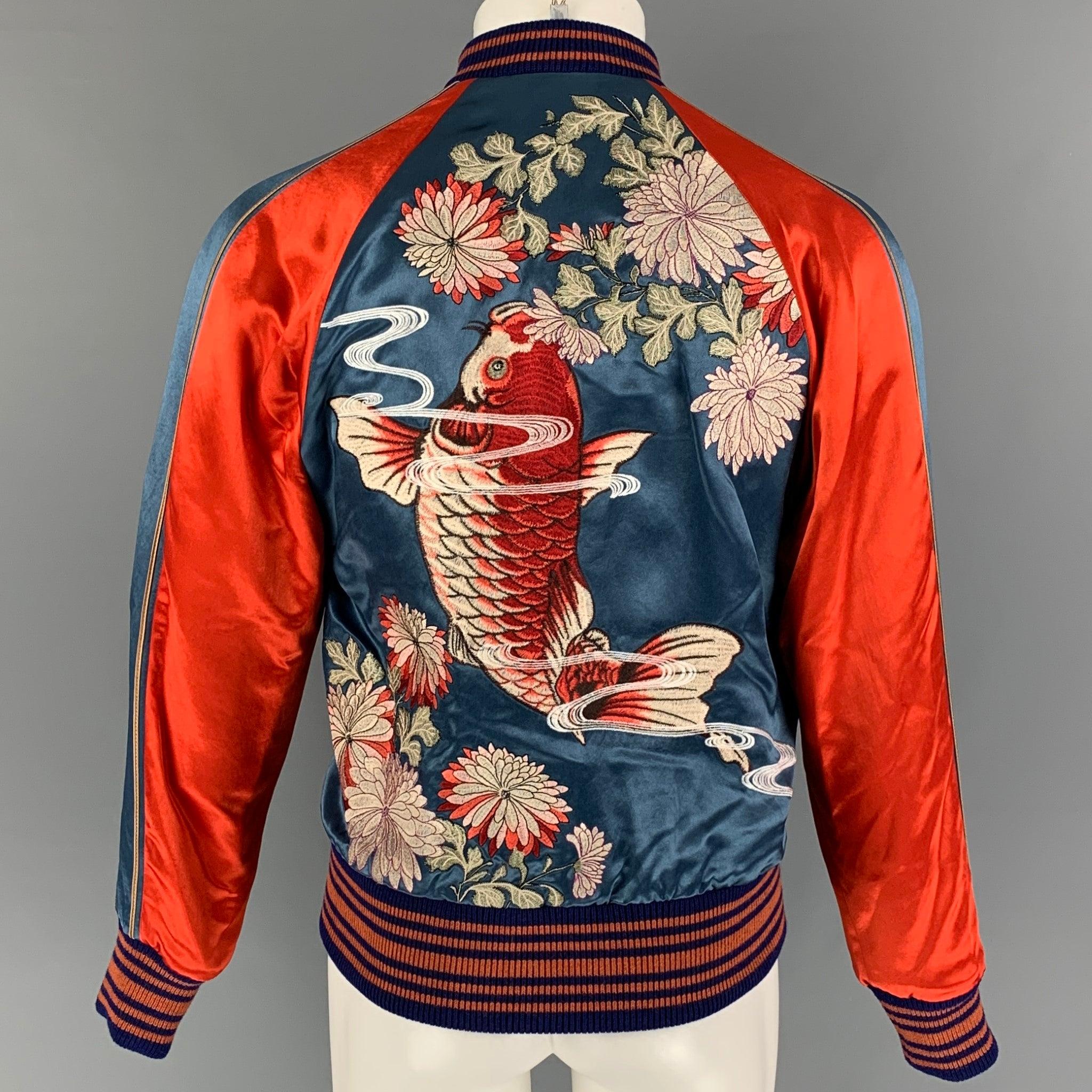 GUCCI Size 34 Multicolor Floral&Koi Carp Embroidery Satin Varsity Bomber Jacket In Good Condition In San Francisco, CA