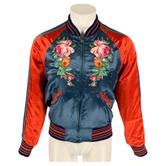 GUCCI Size 34 Multicolor Floral&Koi Carp Embroidery Satin Varsity Bomber Jacket