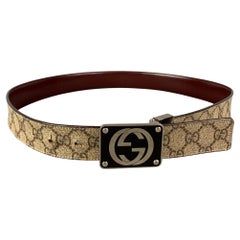 GUCCI Size 36 Beige Brown Guccisima Logo Leather Coated Canvas Reversible Belt
