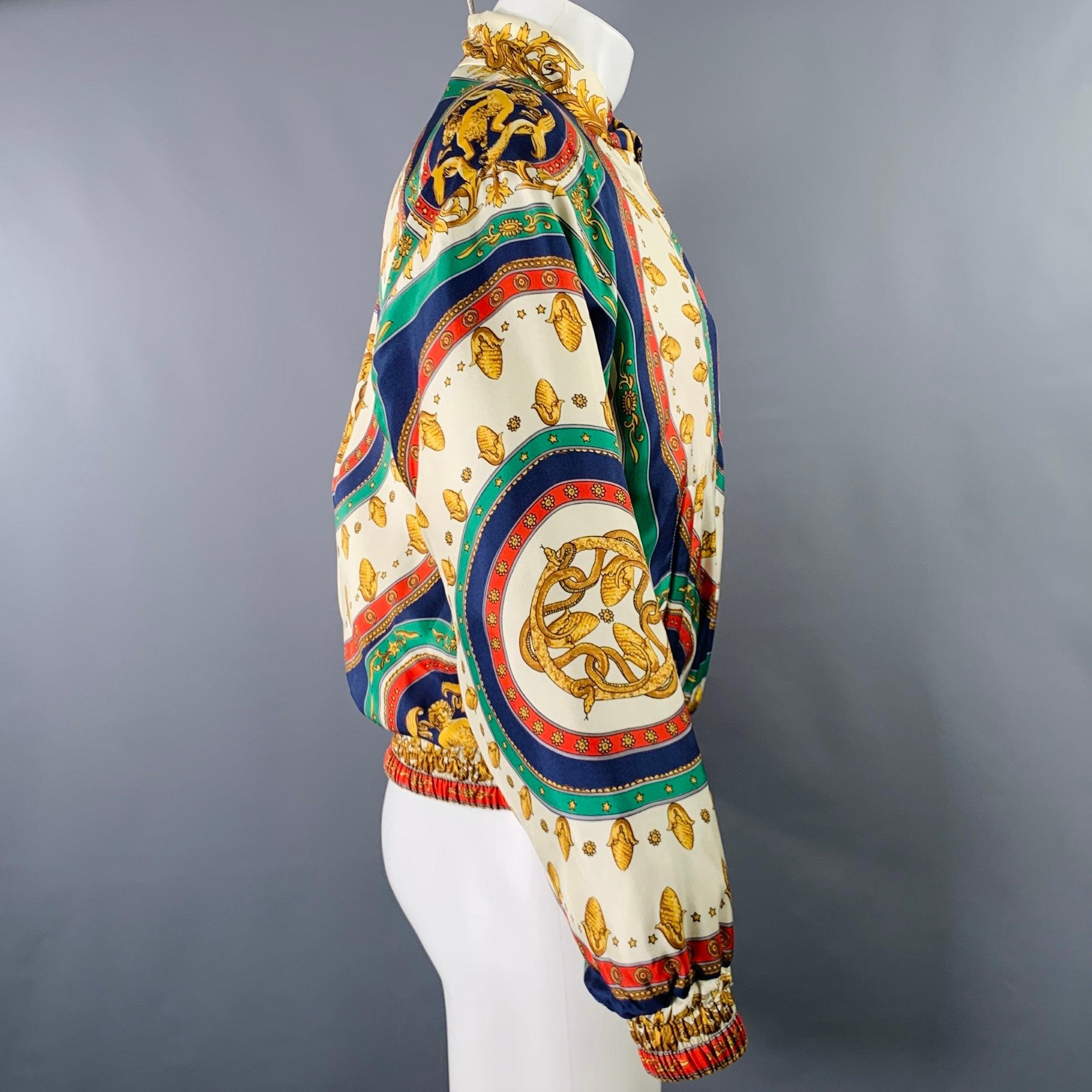Beige GUCCI Blouson en soie graphique beige multicolore, taille 36 en vente