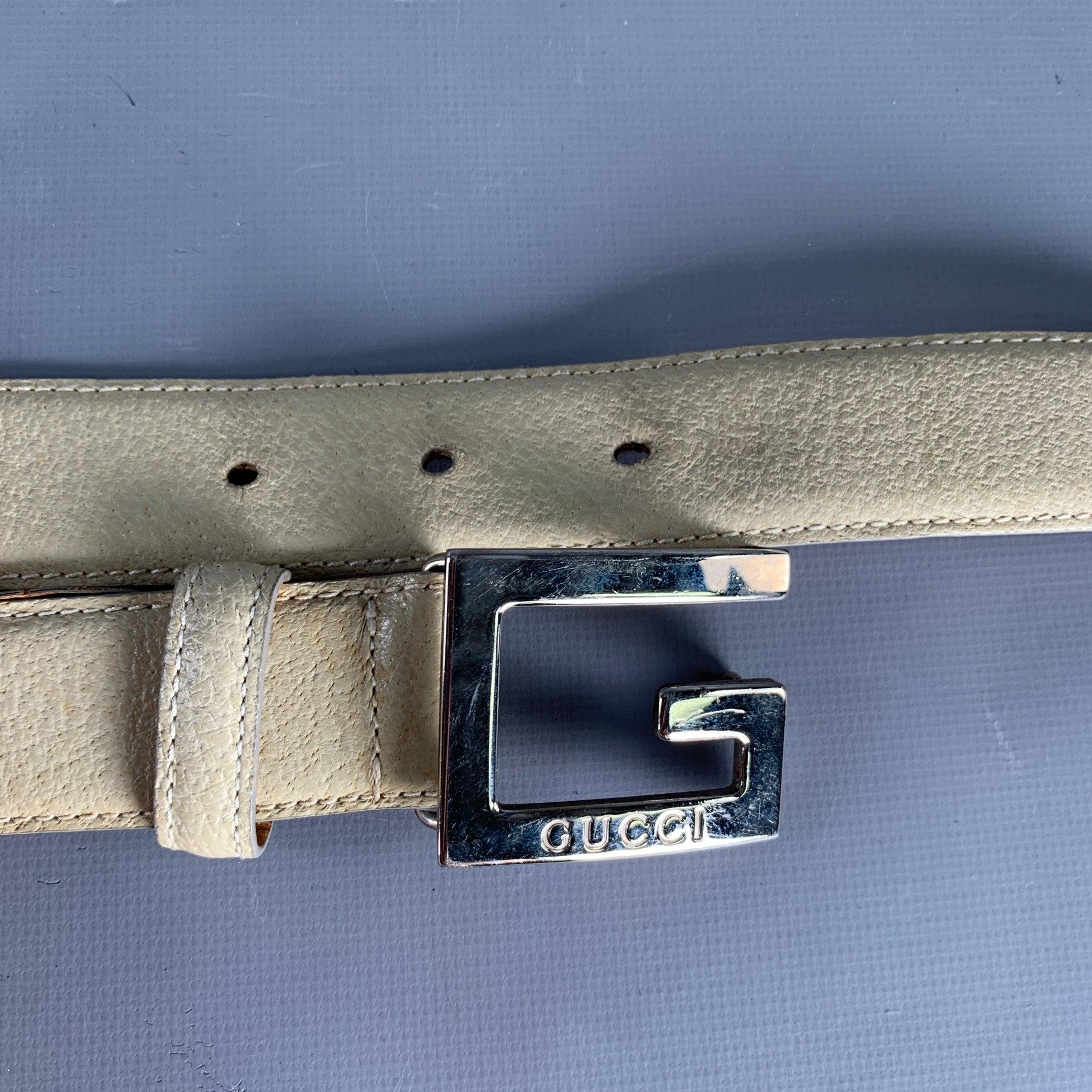 GUCCI Size 36 Beige Silver Leather Belt For Sale 6