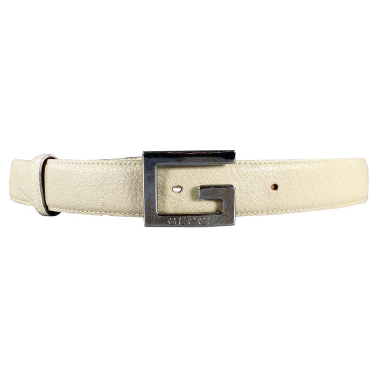 GUCCI Size 36 Beige Silver Leather Belt For Sale at 1stDibs display picture 1