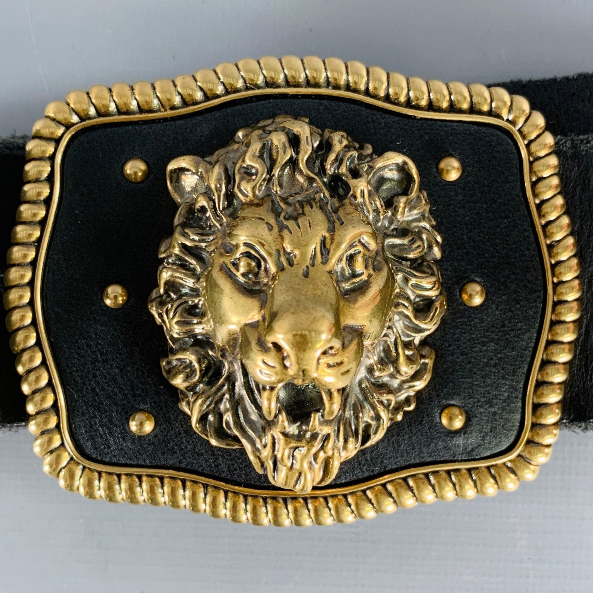 GUCCI Size 36 Black Gold Leather Metal Belt 1