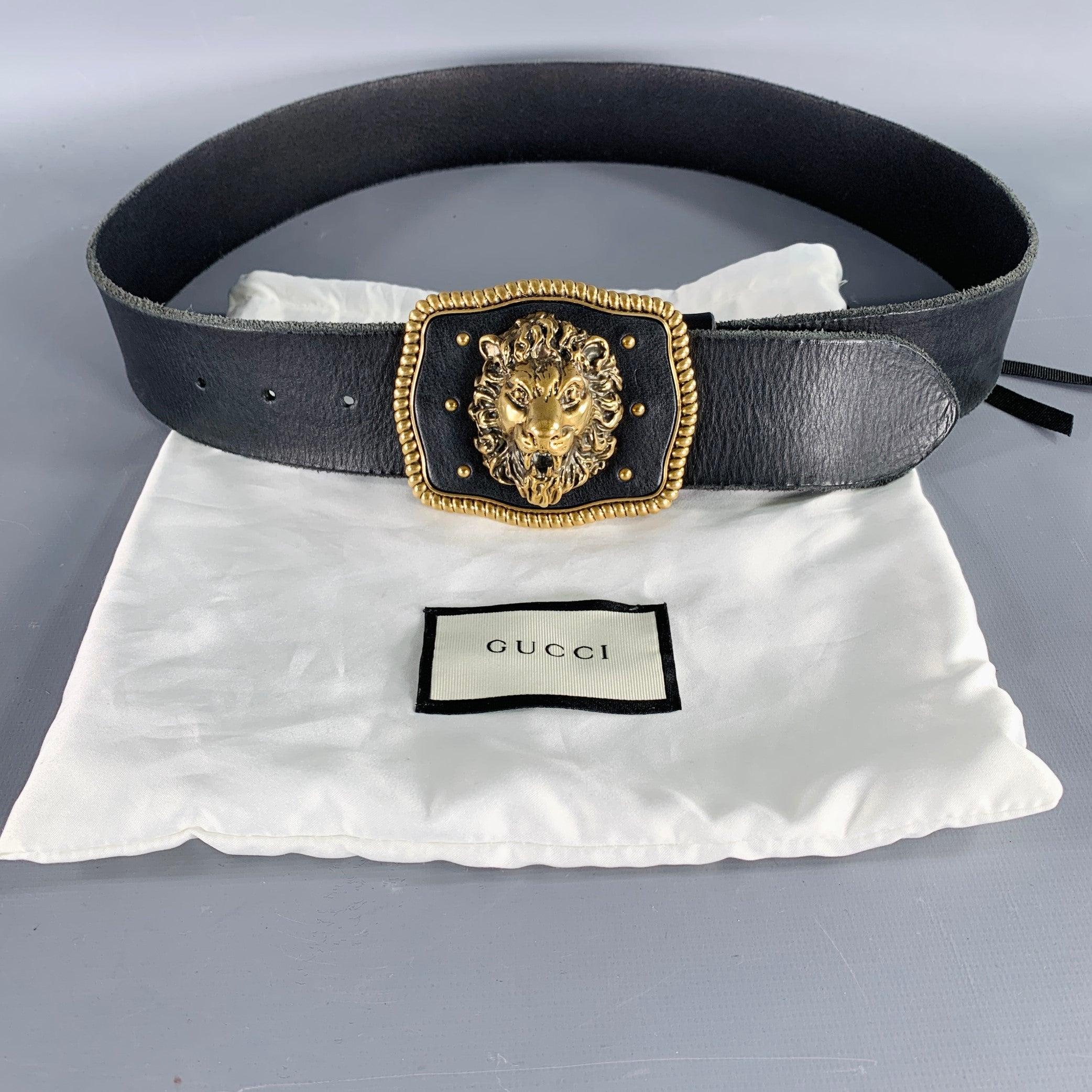 GUCCI Size 36 Black Gold Leather Metal Belt 3
