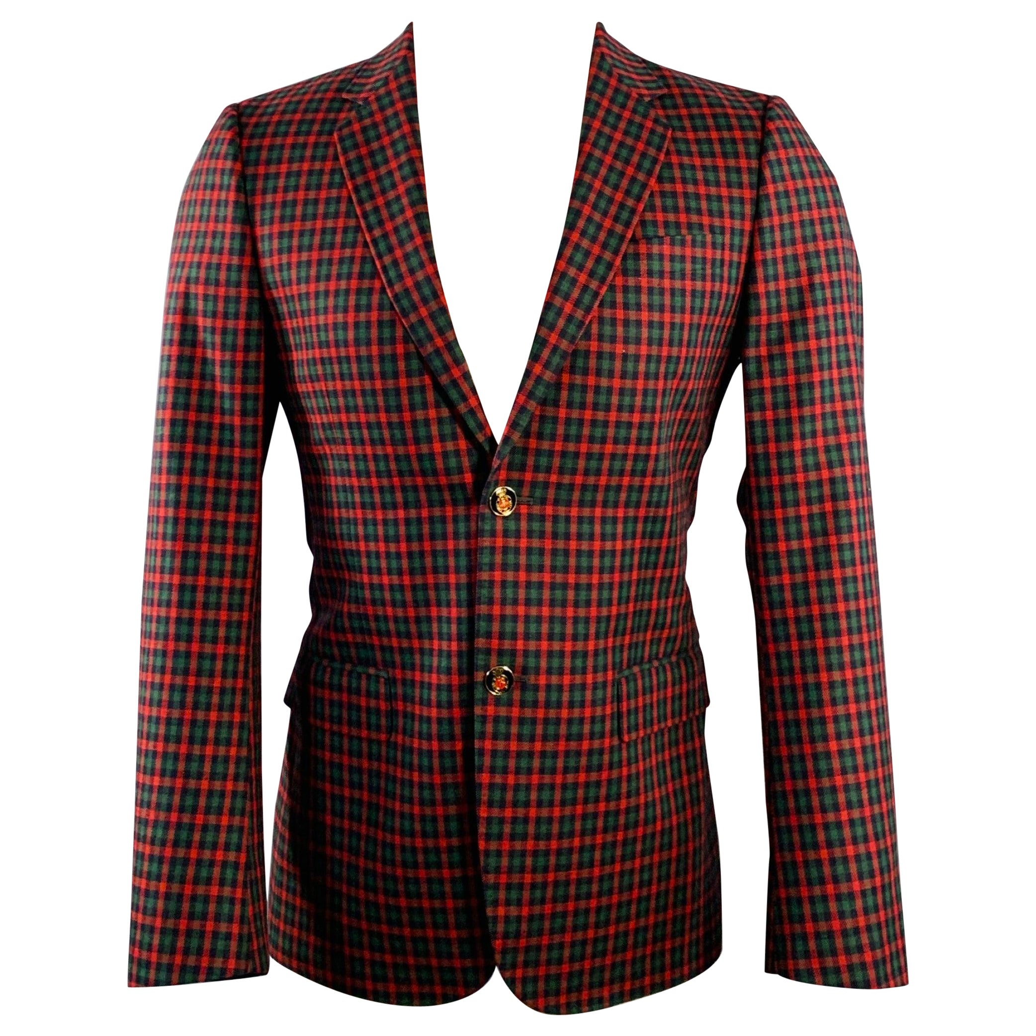GUCCI Size 36 Regular Red Green Navy Plaid Wool Cashmere Sport Coat