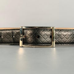 GUCCI Size 38 Black Silver Embossed Geometric Leather Belt