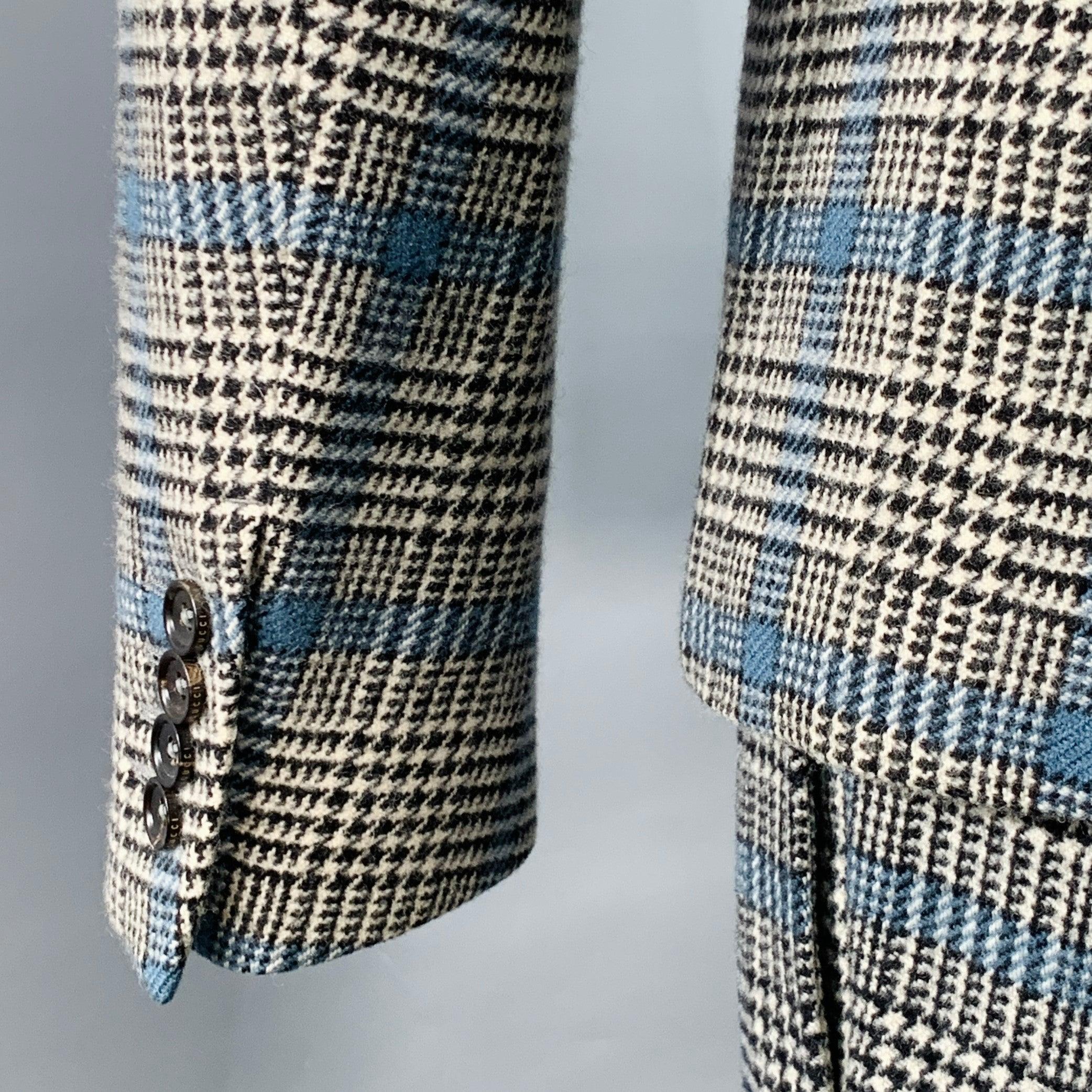 Gucci Taille 38 Costume en laine Glenplaid noir blanc bleu à revers échancré en vente 2