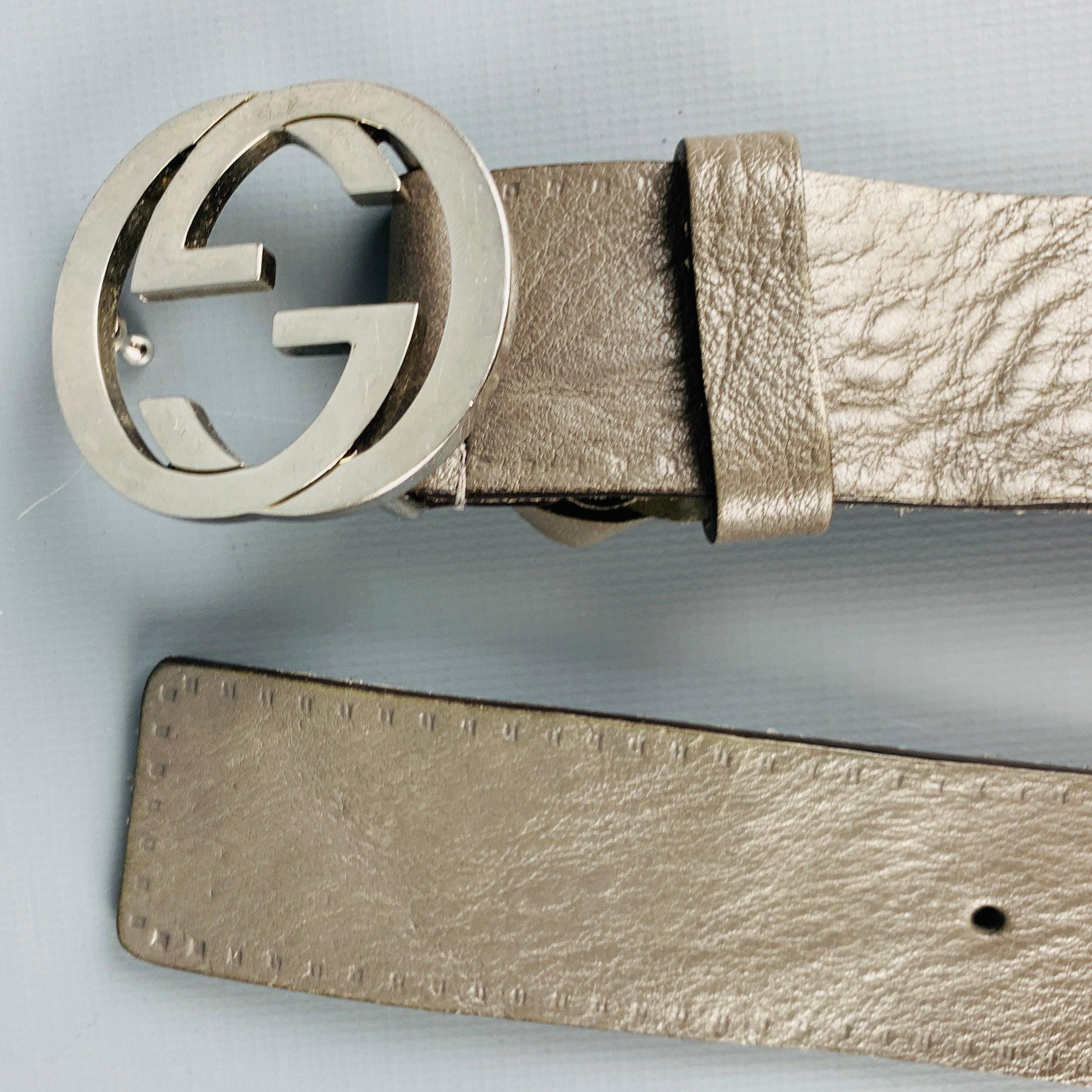 GUCCI Size 38 Grey Silver Monogram Leather Belt For Sale 2