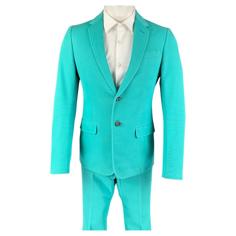 GUCCI Size 38 Teal Textured Cotton Notch Lapel Suit For Sale at 1stDibs