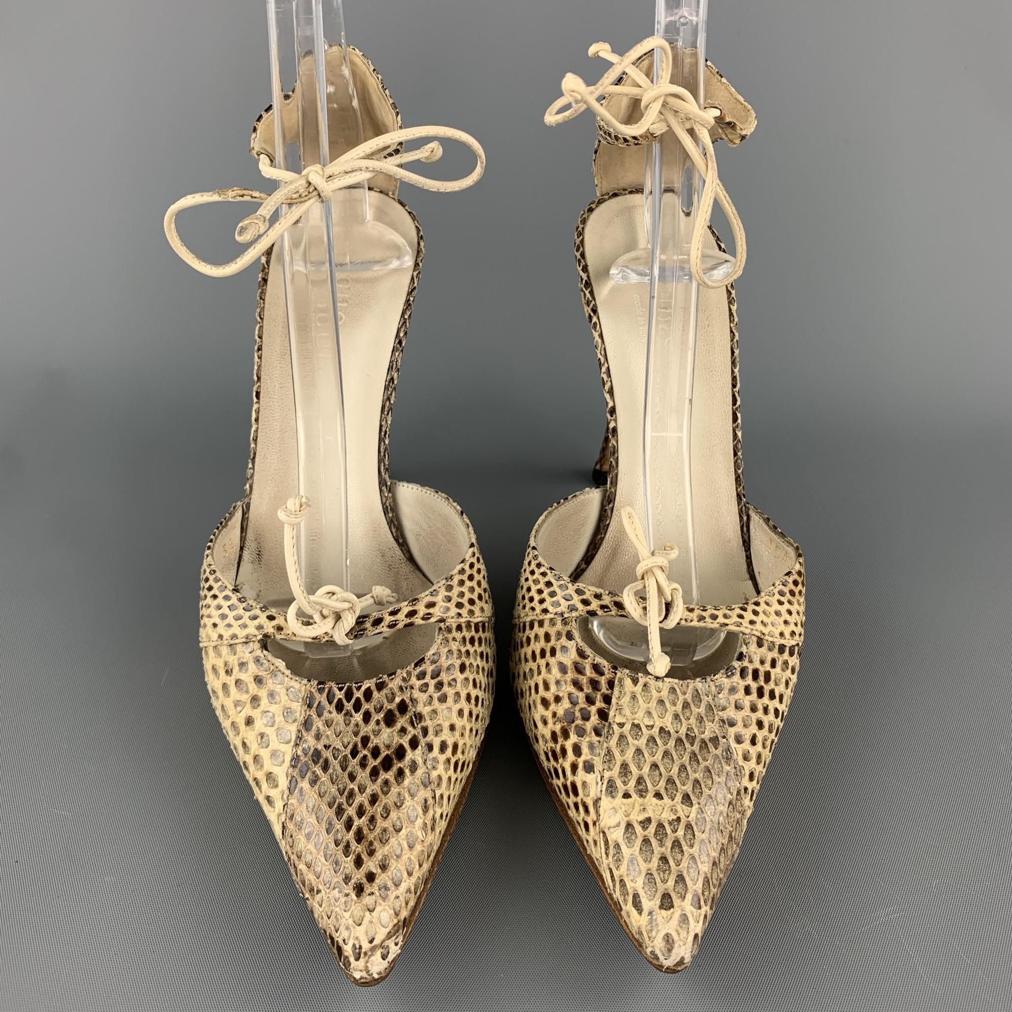 GUCCI Size 4 Beige Snake Skin Ankle Strap Pumps In Good Condition In San Francisco, CA