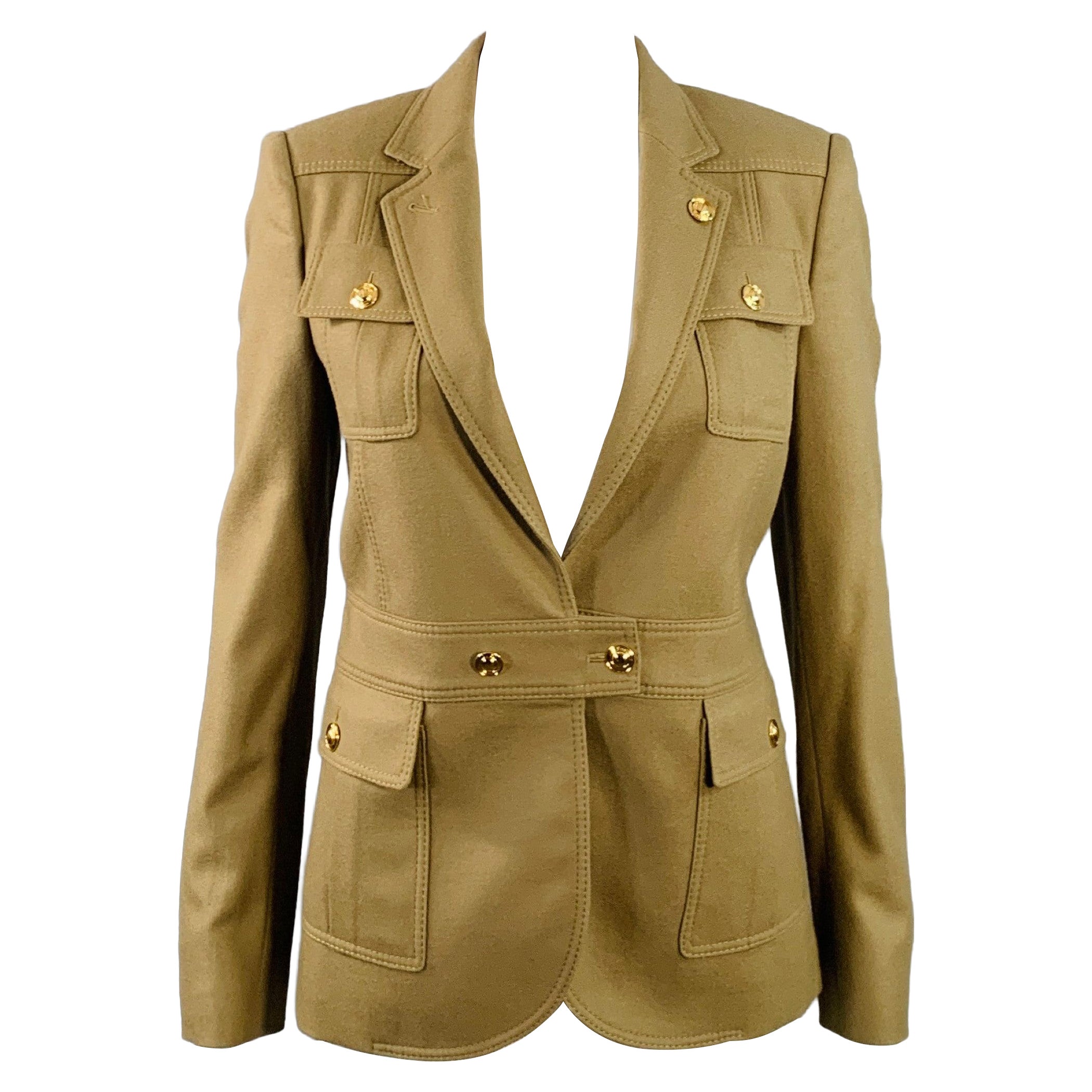 GUCCI Size 4 Tan Gold Wool Cashmere Blend Twill Safari Jacket Blazer