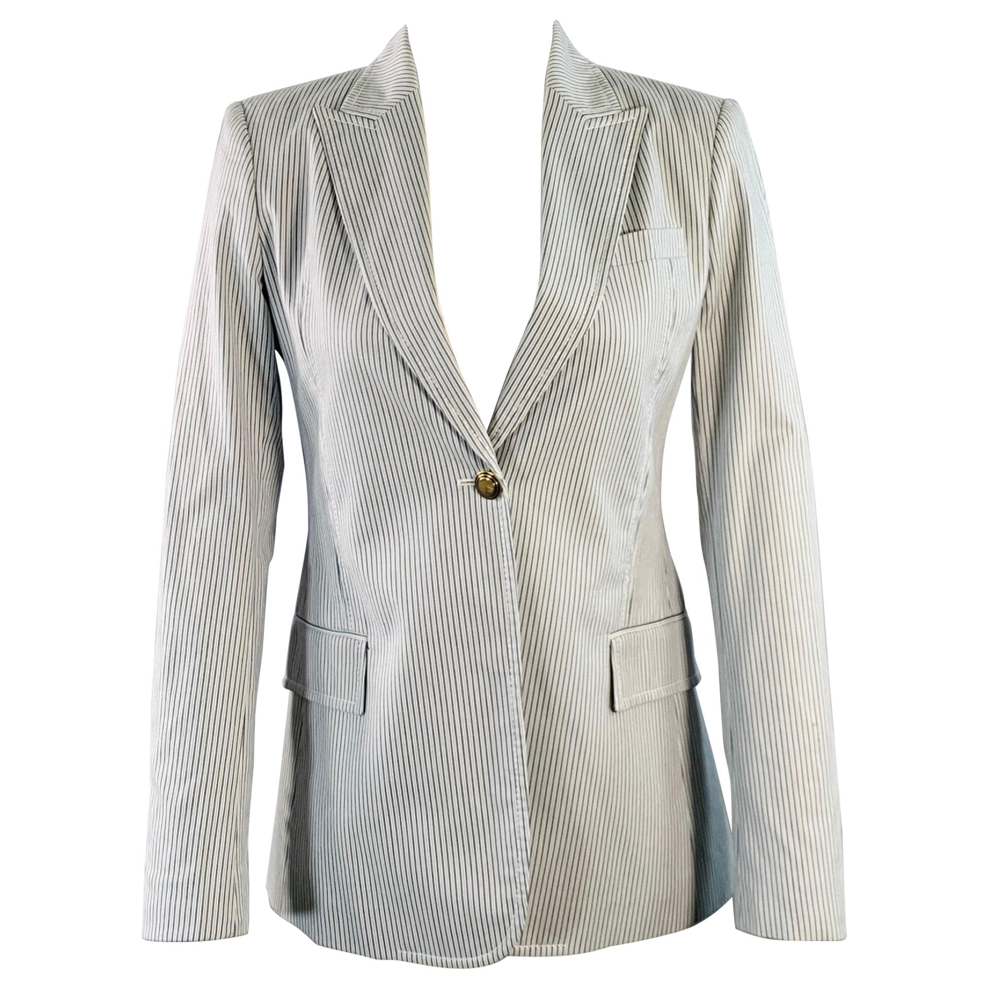 GUCCI Größe 4 Weiß Grau Baumwolle Mischung Stripe Single Button Jacke Blazer im Angebot