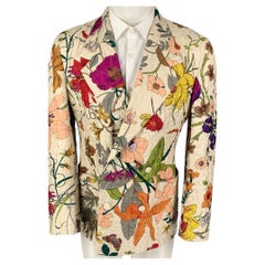 GUCCI Size 40 Beige Multi-Color Floral Silk Double Breasted Sport Coat