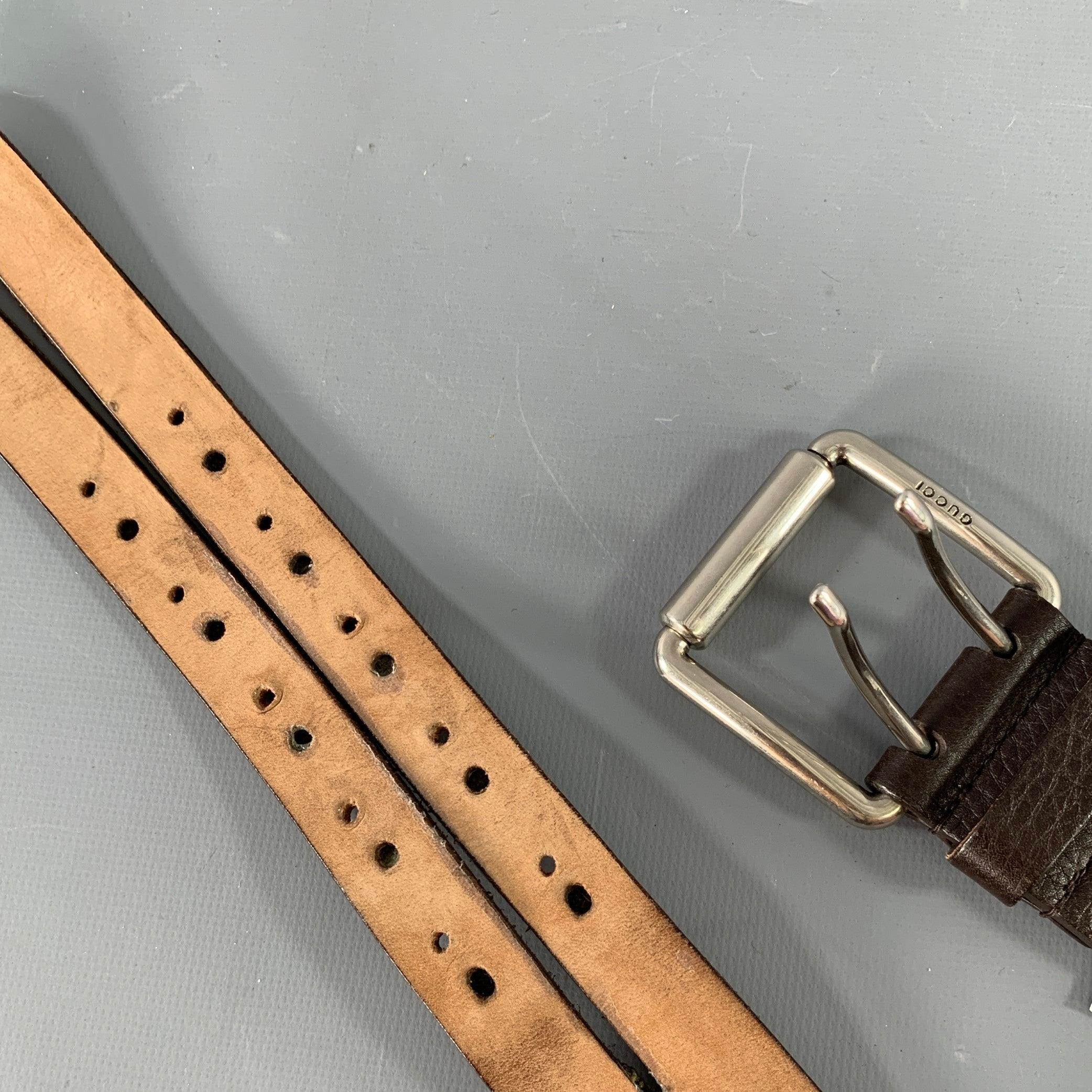 GUCCI Size 40 Brown Silver Leather Belt For Sale 1