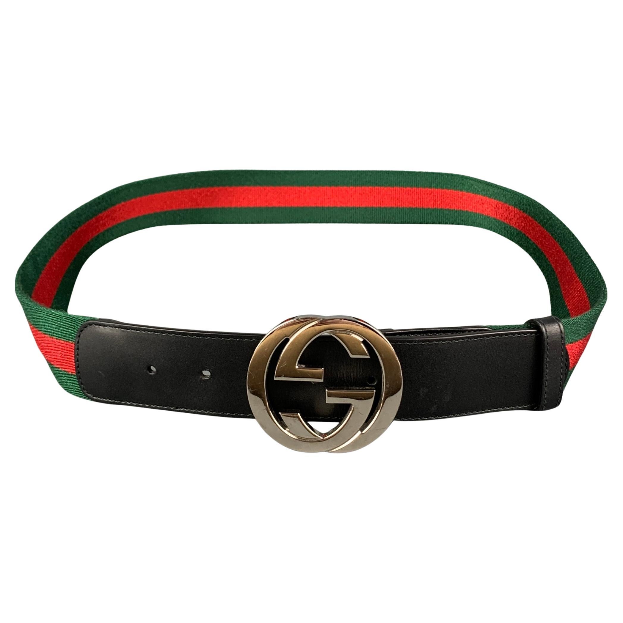Size 40 Green Red Stripe Fabric Leather GG Belt For Sale 1stDibs