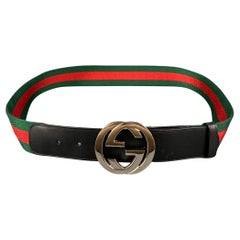 GUCCI Size 40 Green Red Stripe Fabric Leather GG Belt