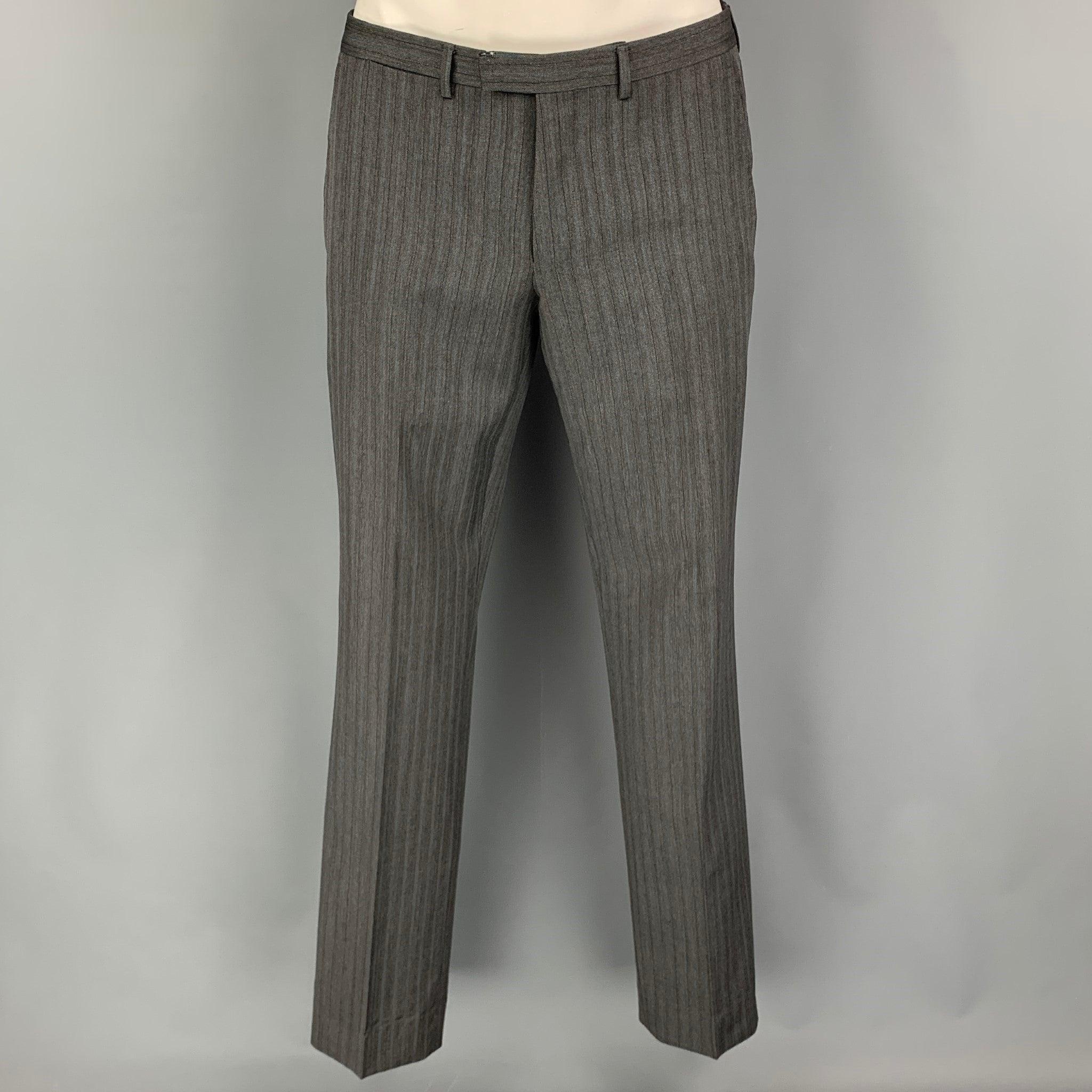 GUCCI Size 40 Grey Blue Stripe Wool Notch Lapel Suit 1