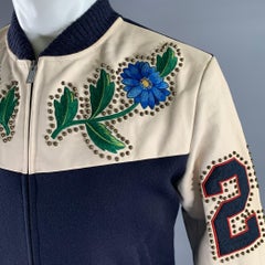 GUCCI Size 40 Navy Beige Studded Wool Zip Up Bomber Jacket