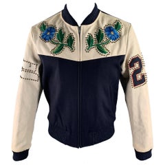 GUCCI Size 40 Navy Beige Studded Wool Zip Up Bomber Jacket