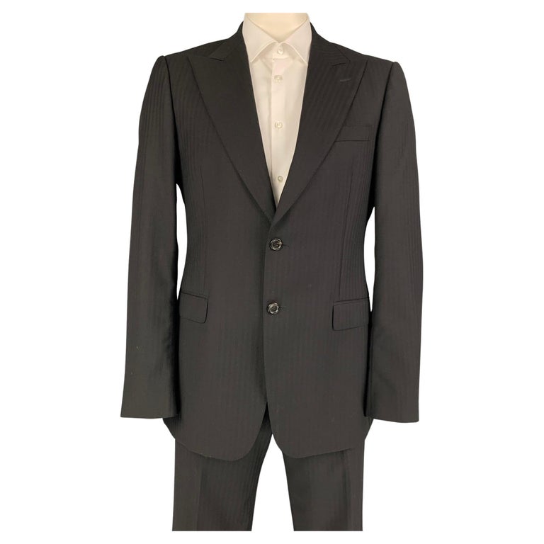GUCCI Size 42 Long Black Stripe Wool Peak Lapel Suit For Sale at 1stDibs