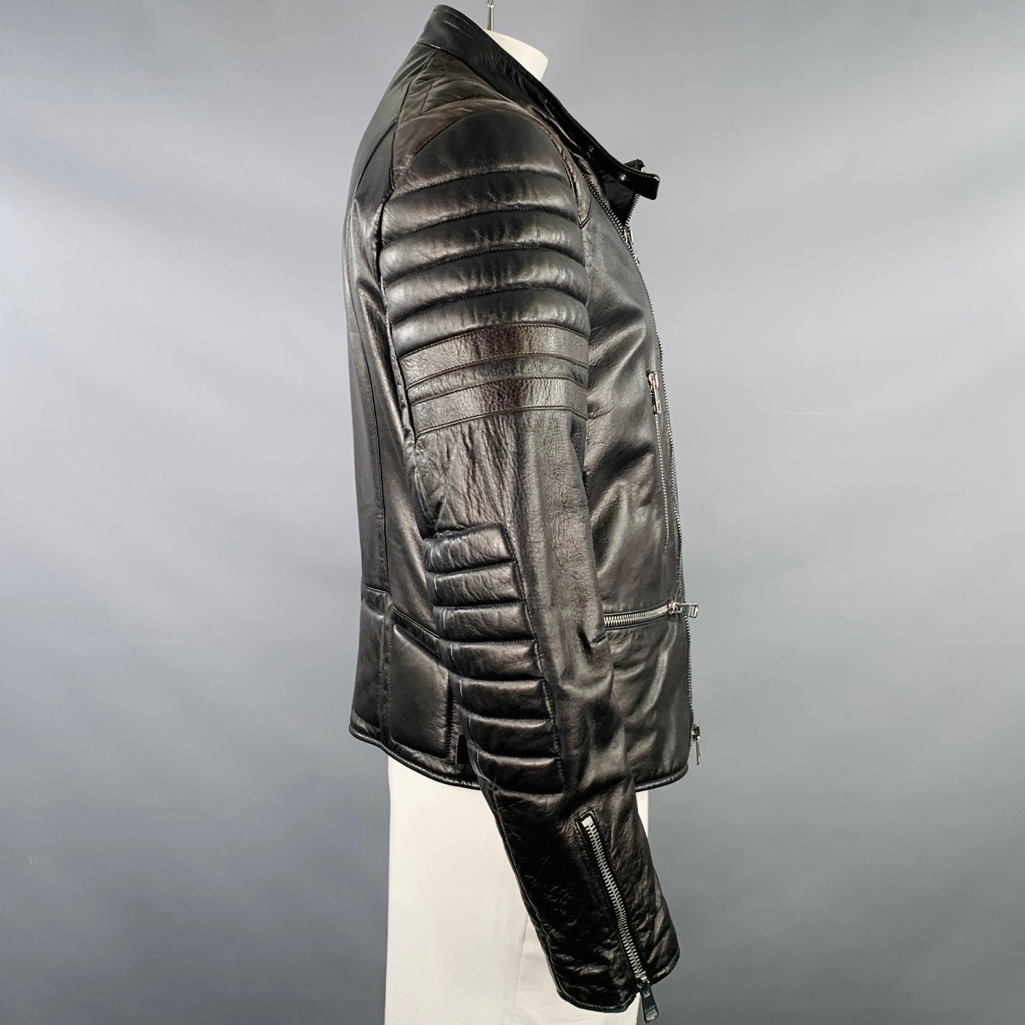 GUCCI Size 44 Black Brown Quilted Leather Motorcycle Jacket In Good Condition For Sale In San Francisco, CA
