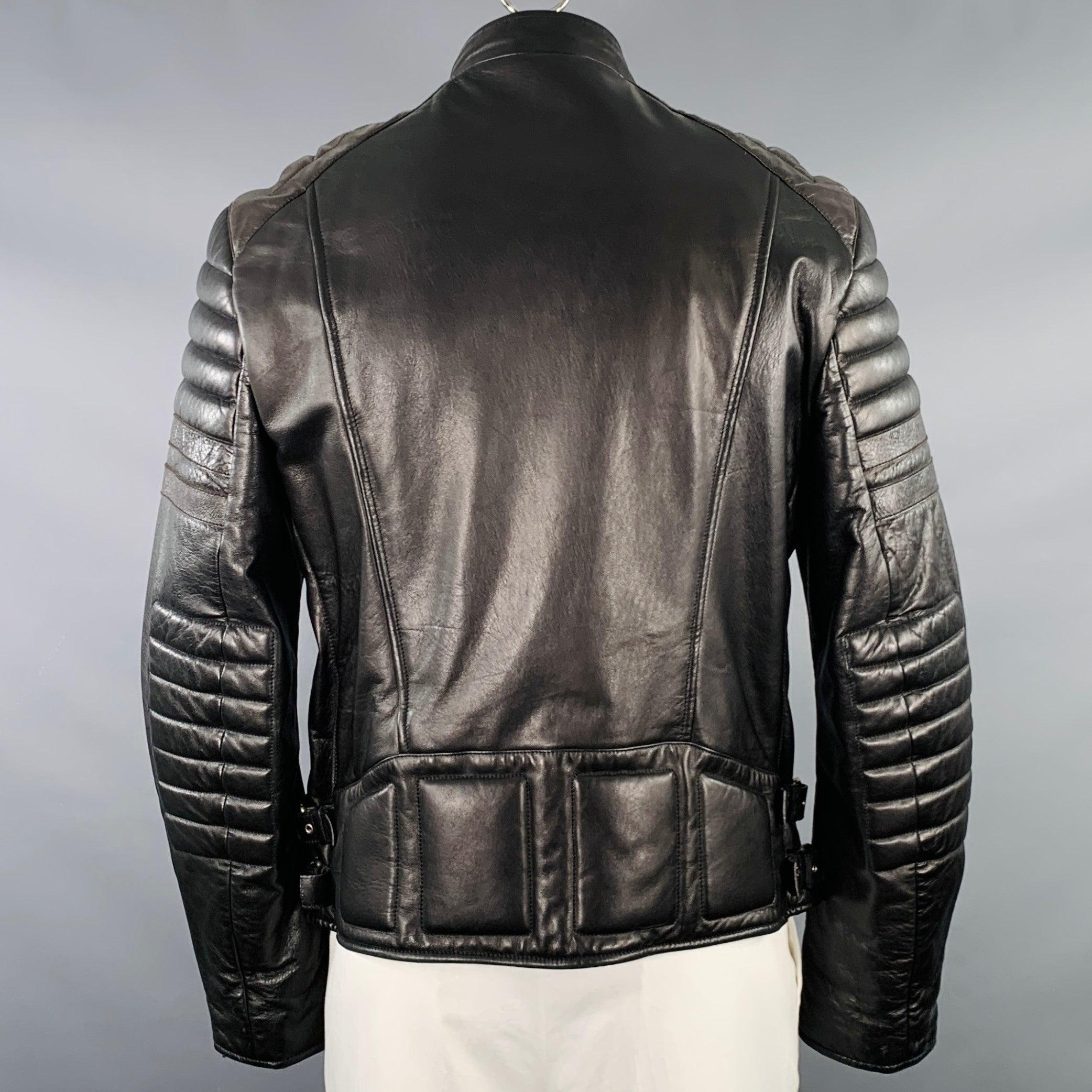 Men's GUCCI Size 44 Black Brown Quilted Leather Motorcycle Jacket For Sale