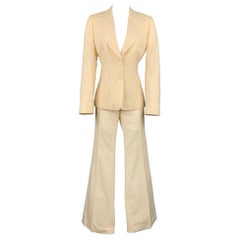 GUCCI Size 6 Cream & Navy Pinstripe Wool Peak Lapel Wide Leg Pants Suit