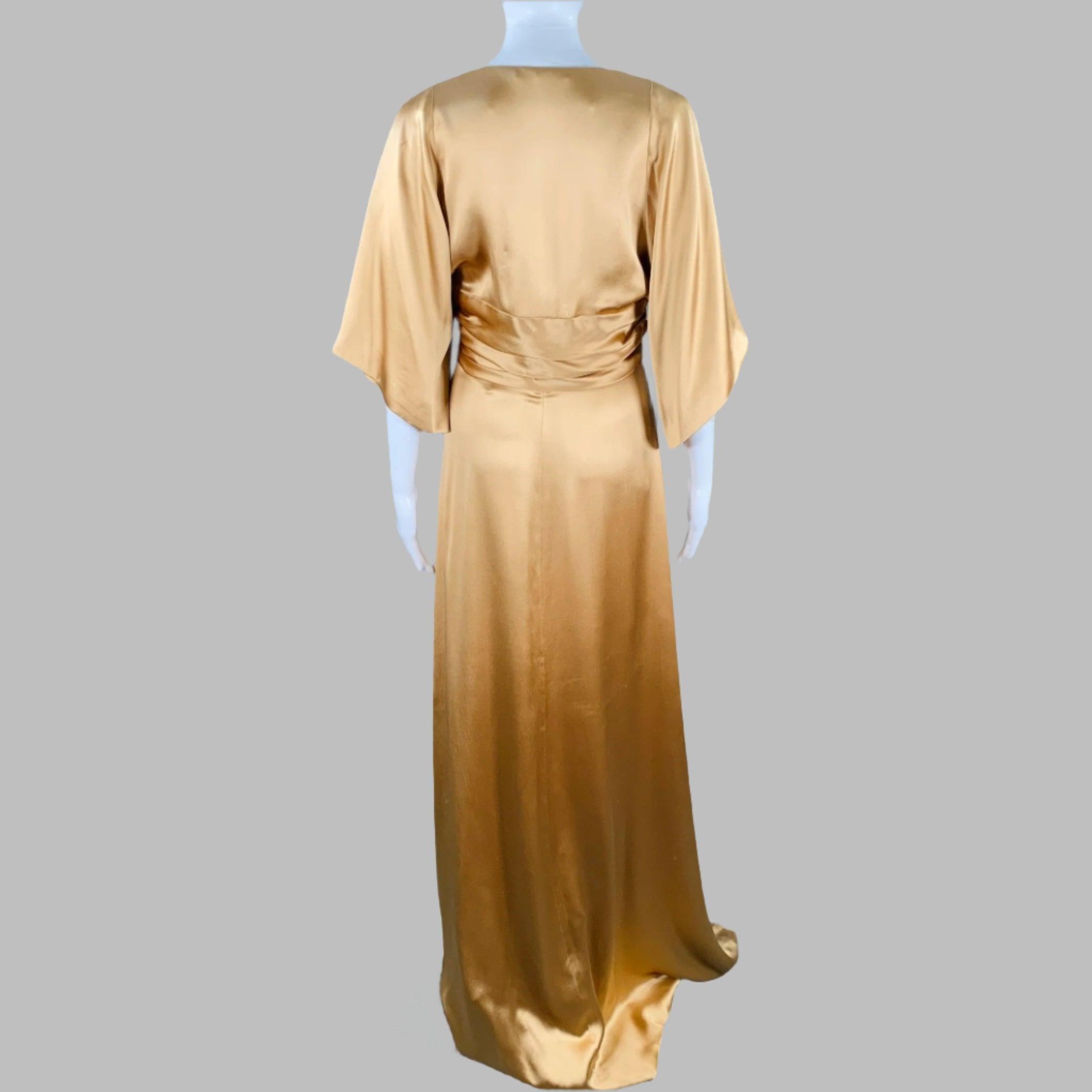 Brown GUCCI Size 6 Gold Silk Ruched Short Sleeve Long Evening Gown
