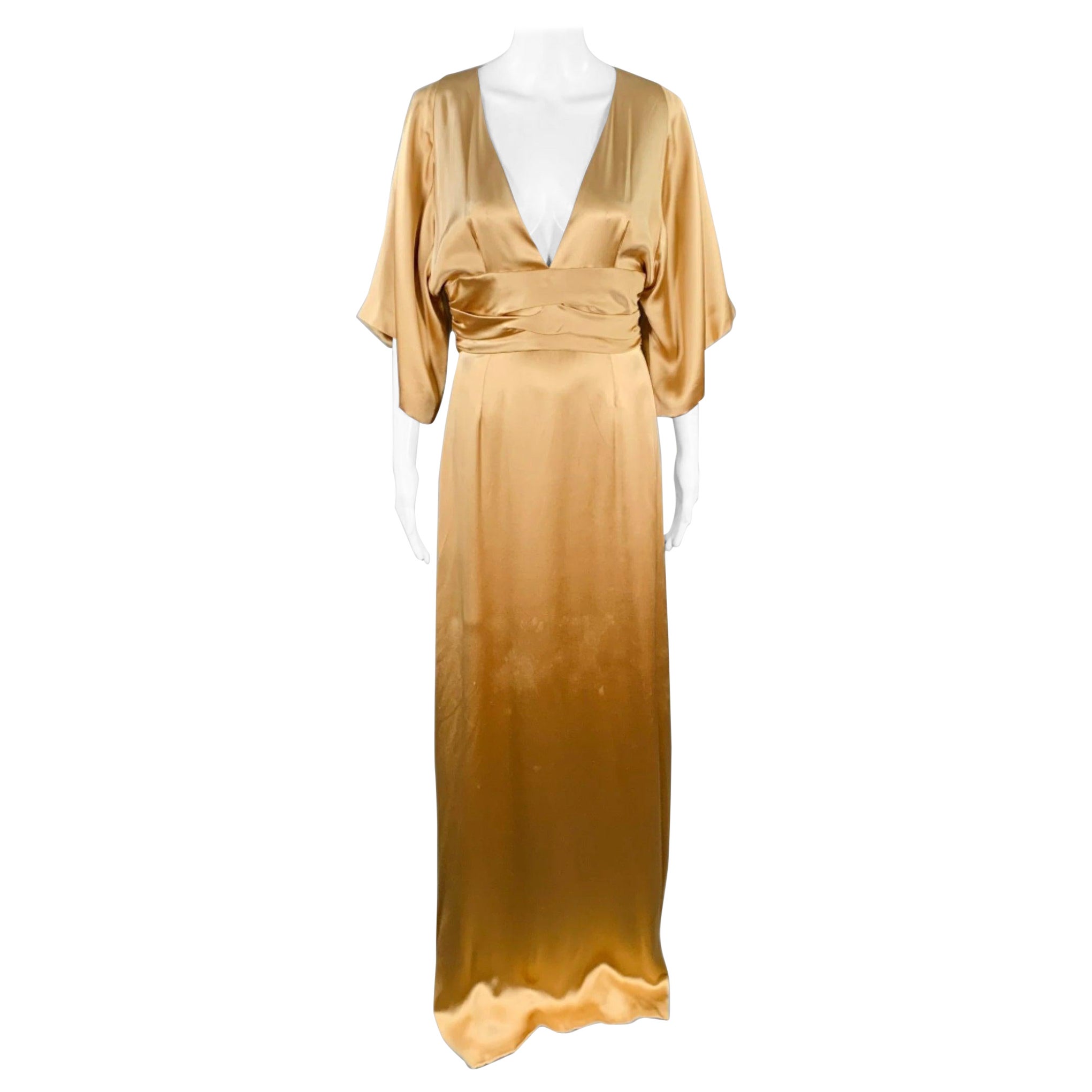 GUCCI Size 6 Gold Silk Ruched Short Sleeve Long Evening Gown