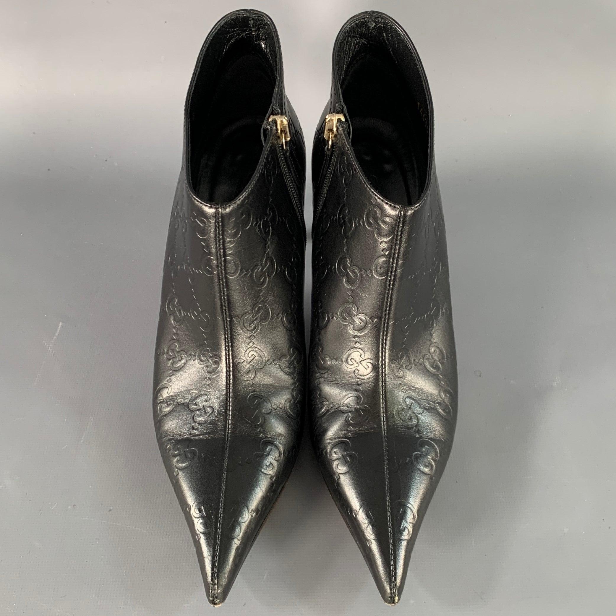 Women's GUCCI Size 6 Guccissima Black Leather Embossed Monogram Side Zipper Boots For Sale