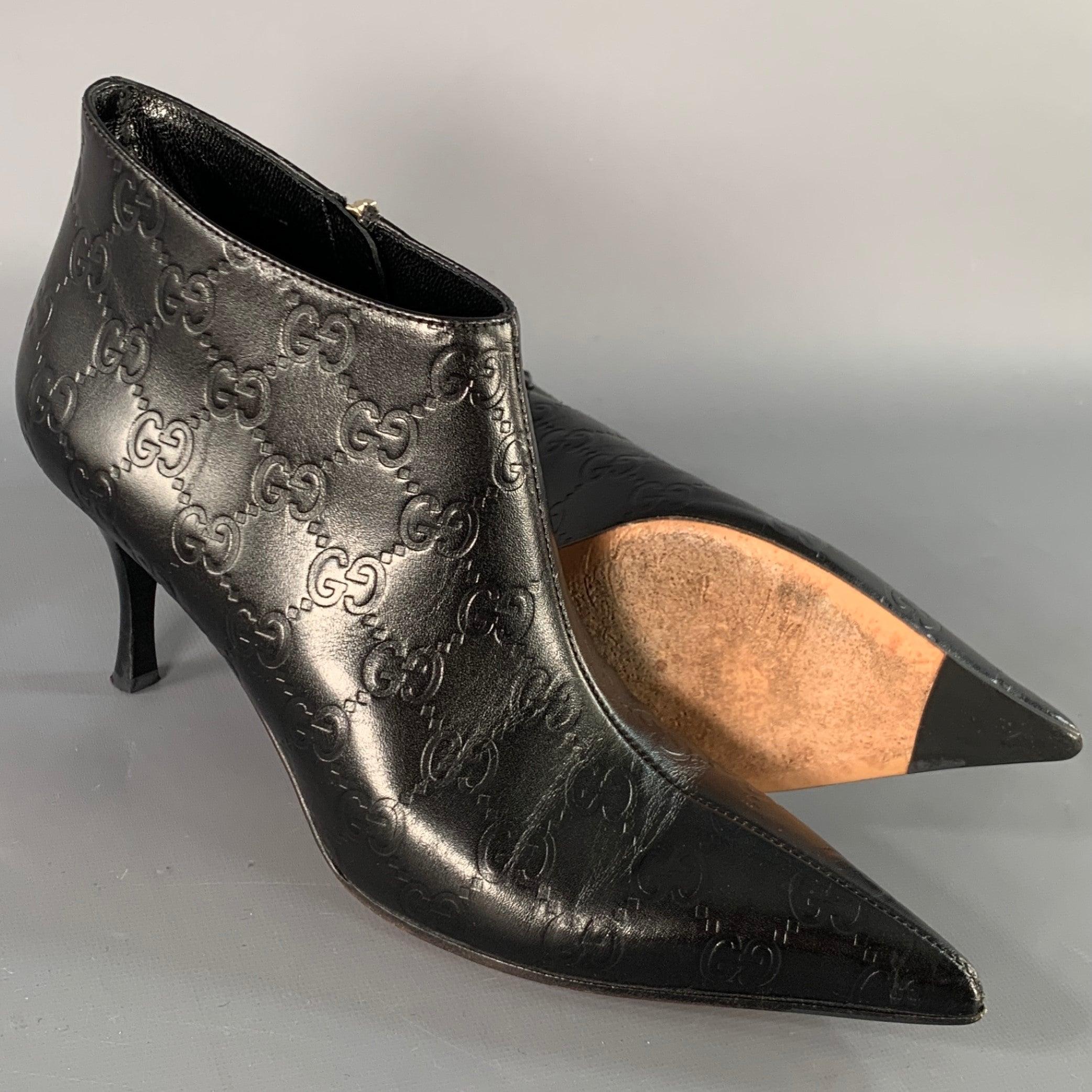 GUCCI Size 6 Guccissima Black Leather Embossed Monogram Side Zipper Boots For Sale 1