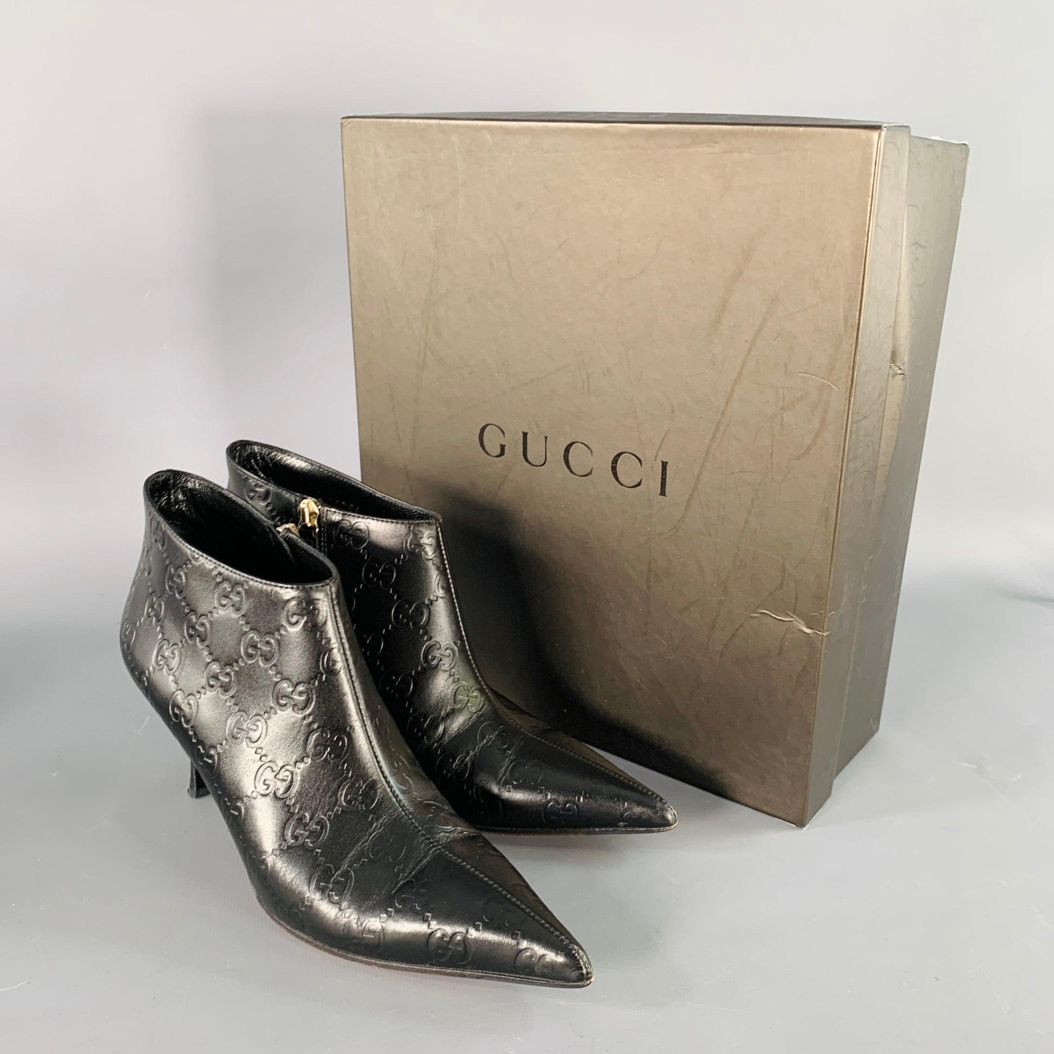 GUCCI Size 6 Guccissima Black Leather Embossed Monogram Side Zipper Boots For Sale 5