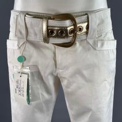 GUCCI Taille 6 Pantalon évasé à ceinture en coton blanc et or