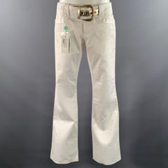 GUCCI Taille 6 Pantalon évasé à ceinture en coton blanc et or