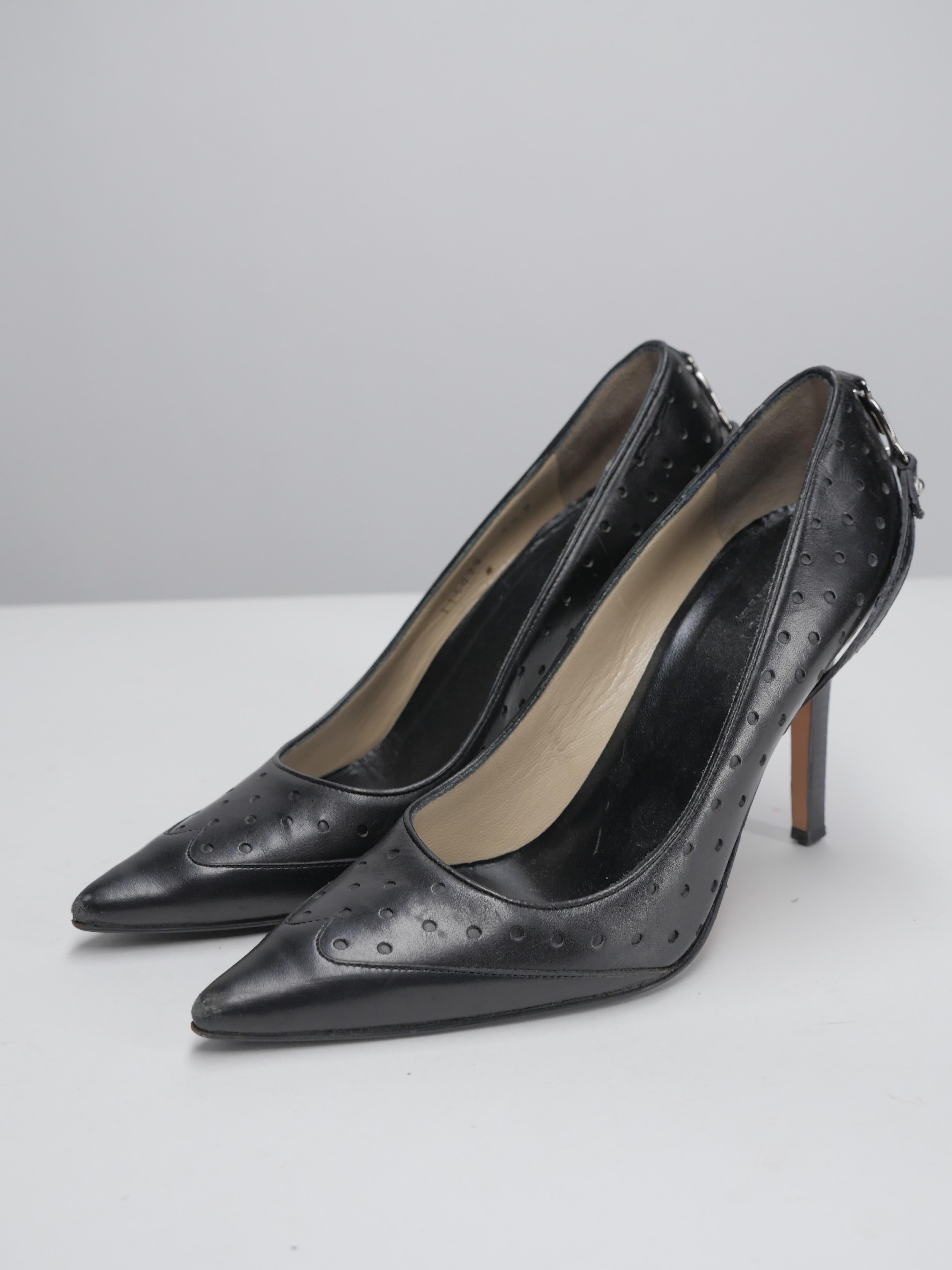Gucci 6.5 Black Leather Perforated Pumps, Silver Logo emblem on heel