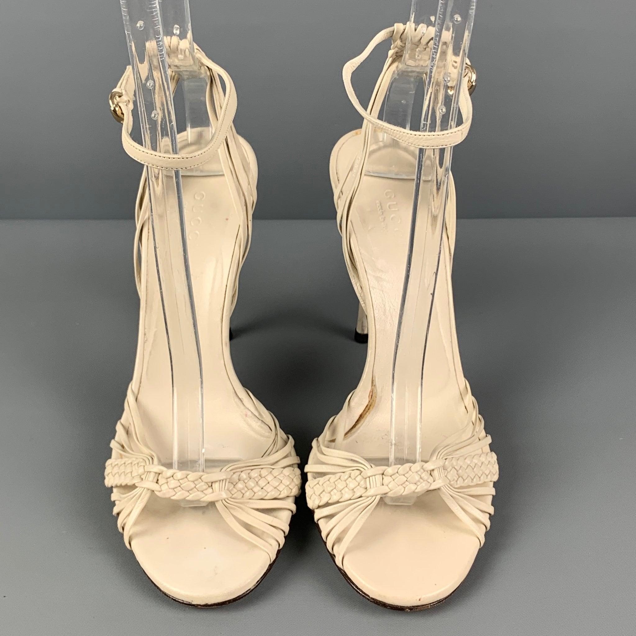 Women's GUCCI Size 6.5 White Woven Leather Strappy Sandals