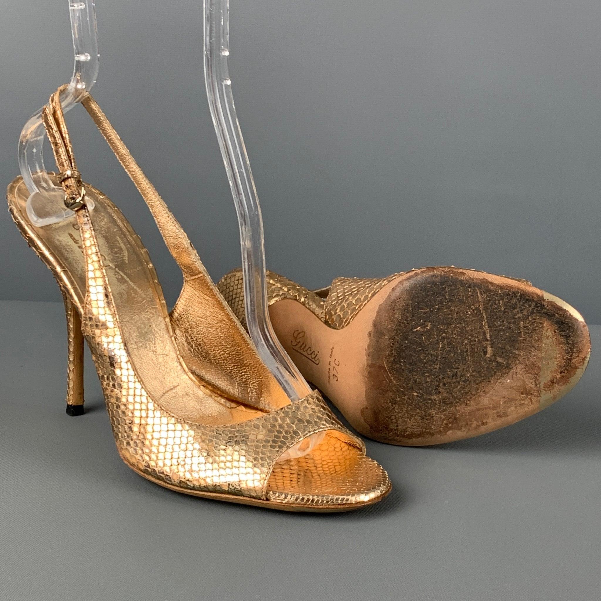 GUCCI Size 7 Gold Snake Skin Leather Slingback Heel Sandals In Good Condition In San Francisco, CA