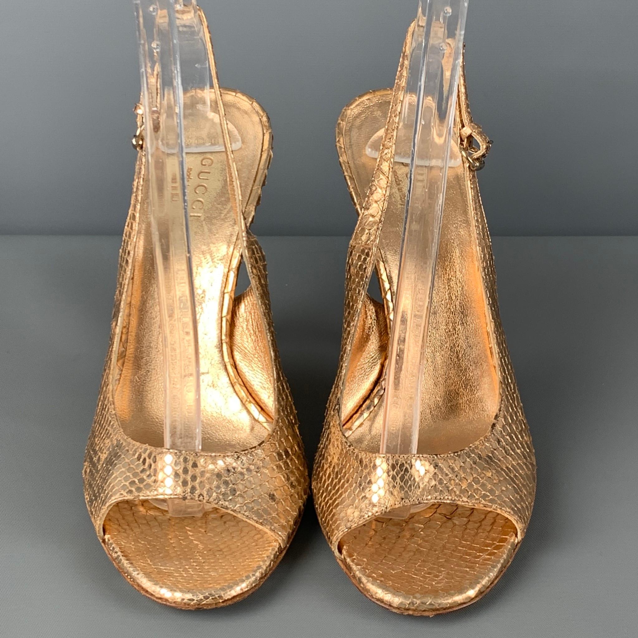 GUCCI Size 7 Gold Snake Skin Leather Slingback Heel Sandals In Good Condition In San Francisco, CA