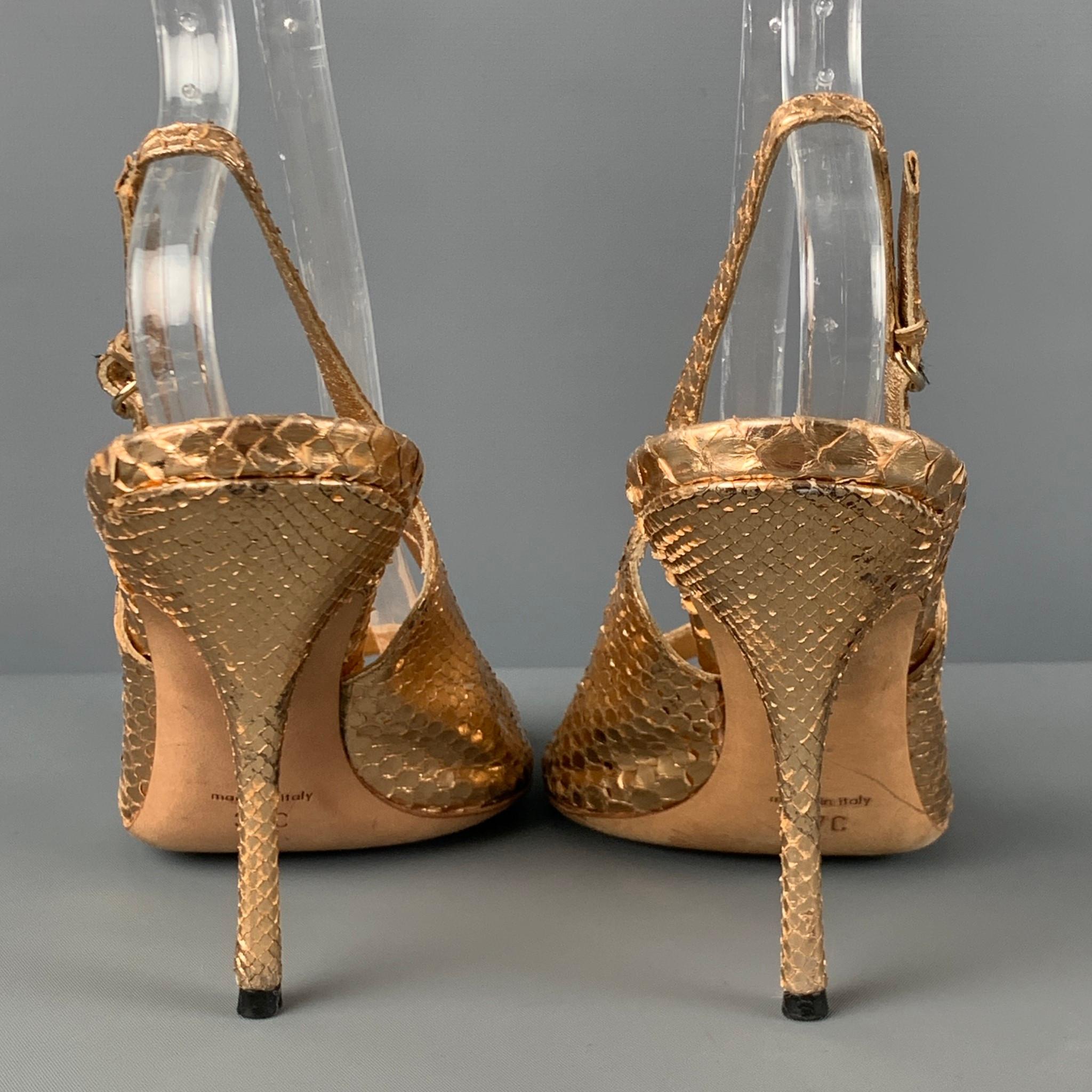 Women's GUCCI Size 7 Gold Snake Skin Leather Slingback Heel Sandals